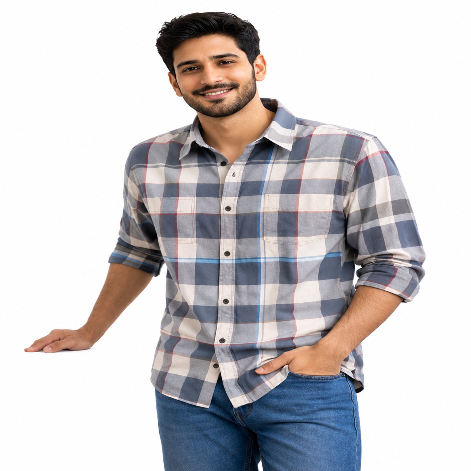 Soft Blue Grey Plaid Casual Shirt
