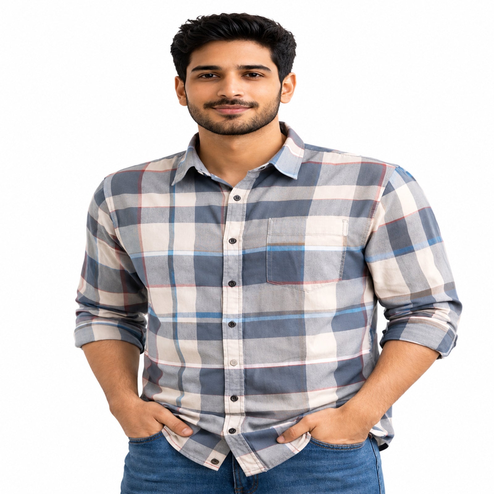Soft Blue Grey Plaid Casual Shirt