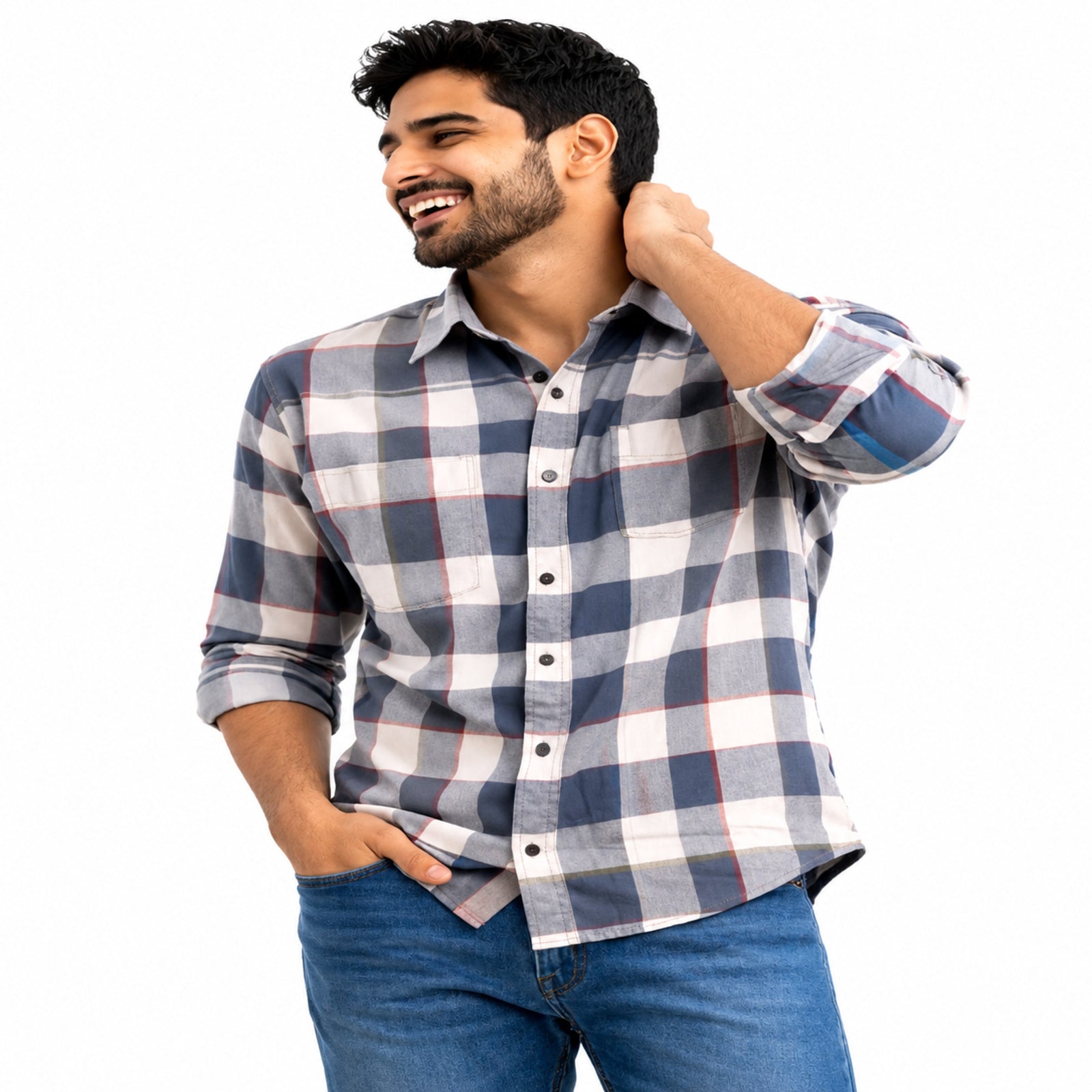 Soft Blue Grey Plaid Casual Shirt