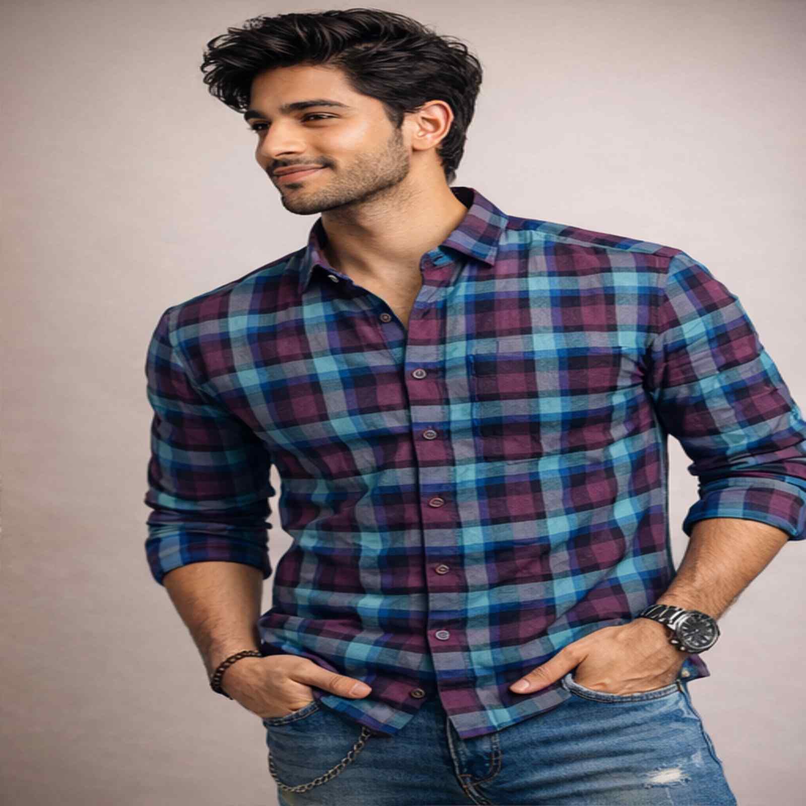 Teal & Wine Checkered Statement Shirt-4