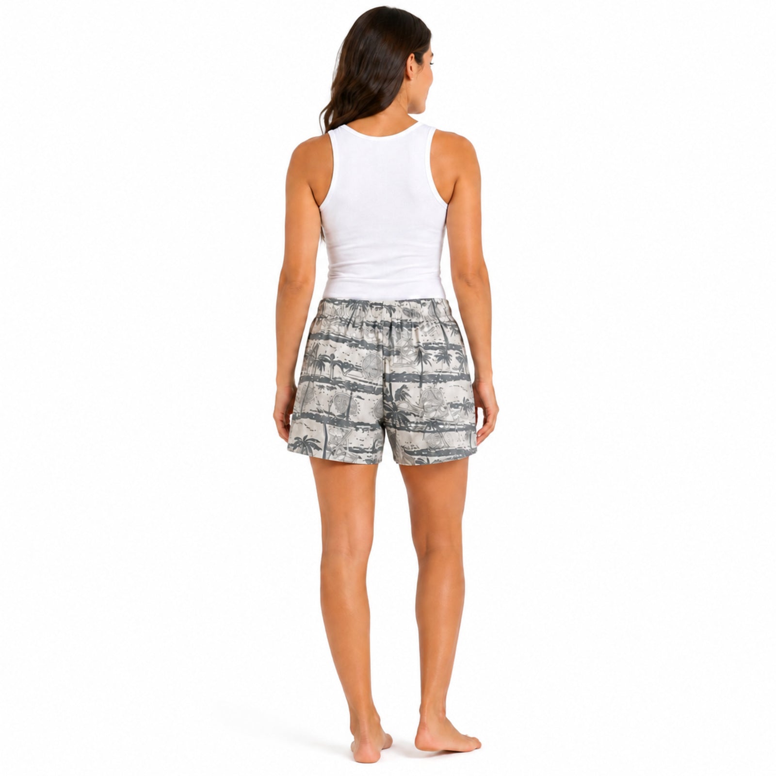 Women's Light Gray Tropical Beach Print Drawstring Shorts | Casual Summer Shorts with Pockets