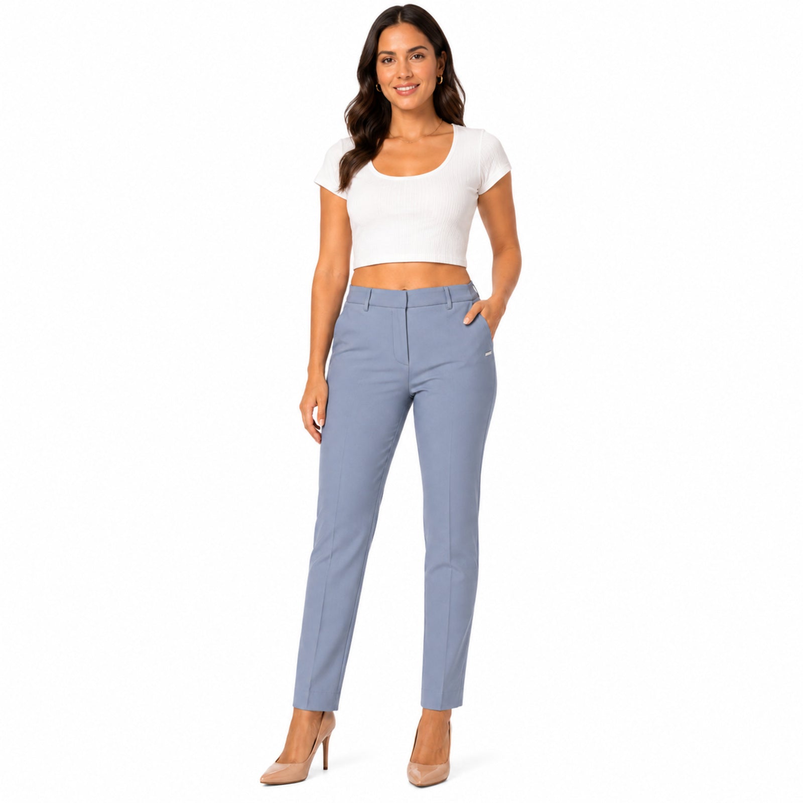 Women's Sophisticated Sky Blue Slim Fit Formal Ankle Trousers