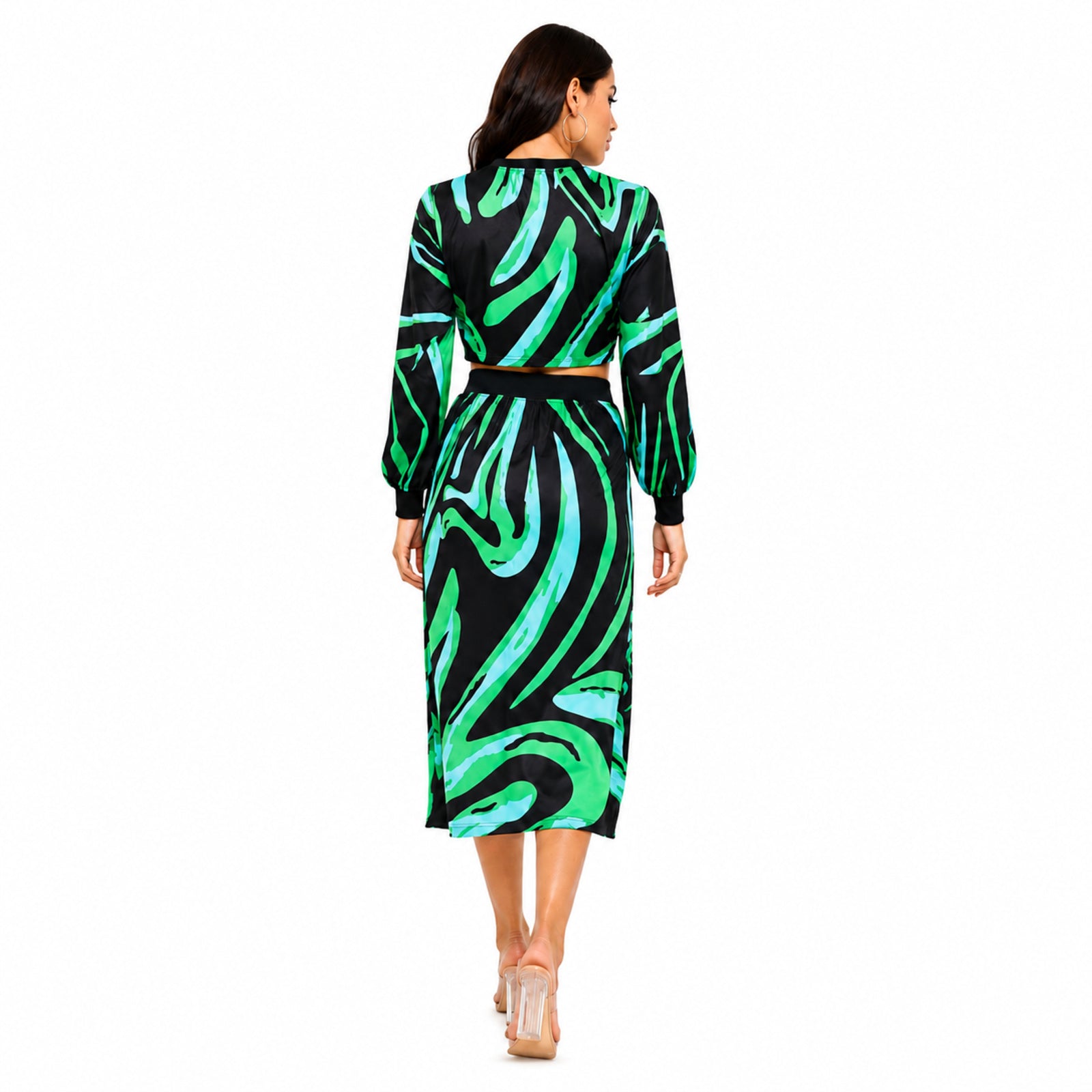 Women's Green Abstract Print Long Sleeve Crop Top and Midi Skirt Co-Ord Set | Statement Two-Piece Outfit