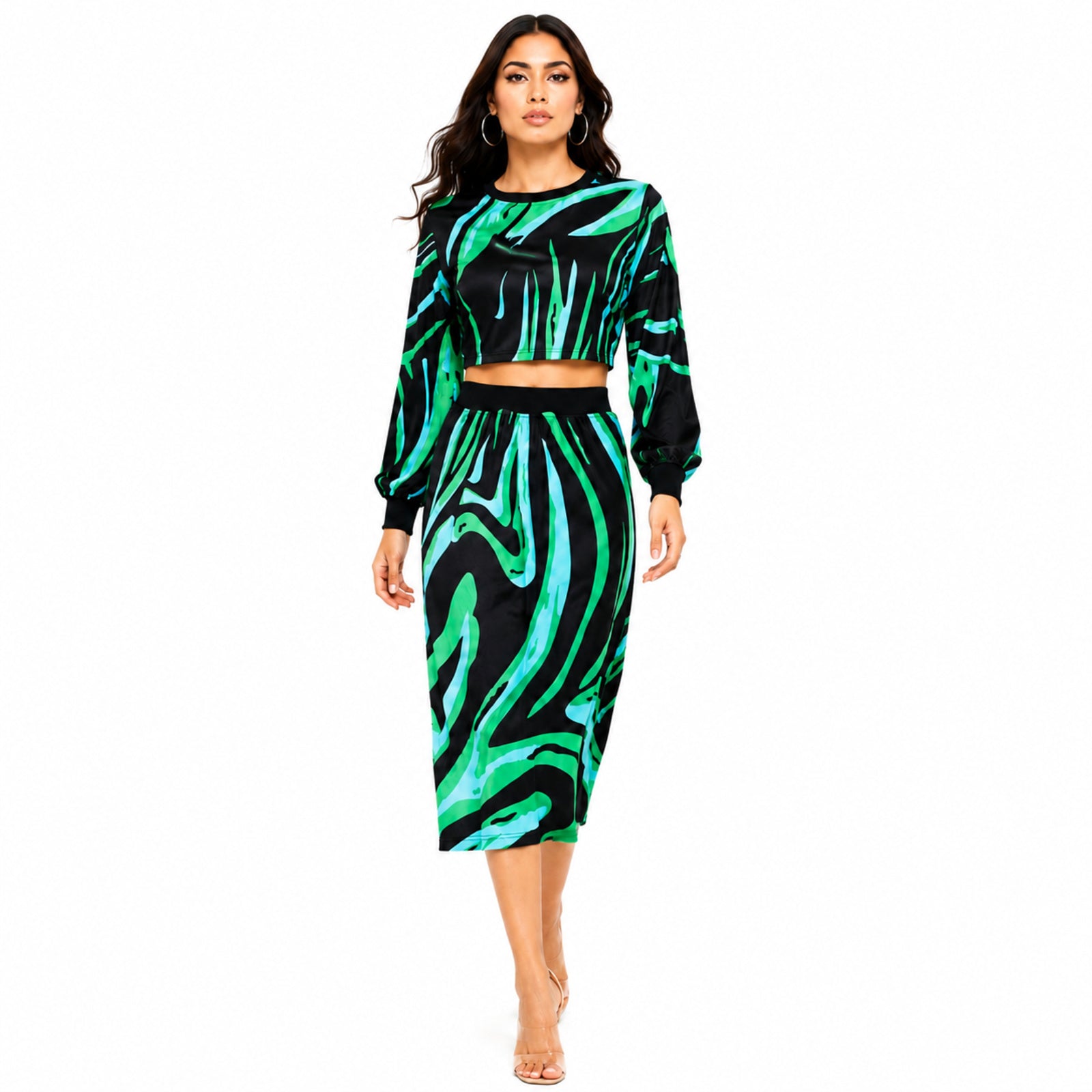 Women's Green Abstract Print Long Sleeve Crop Top and Midi Skirt Co-Ord Set | Statement Two-Piece Outfit