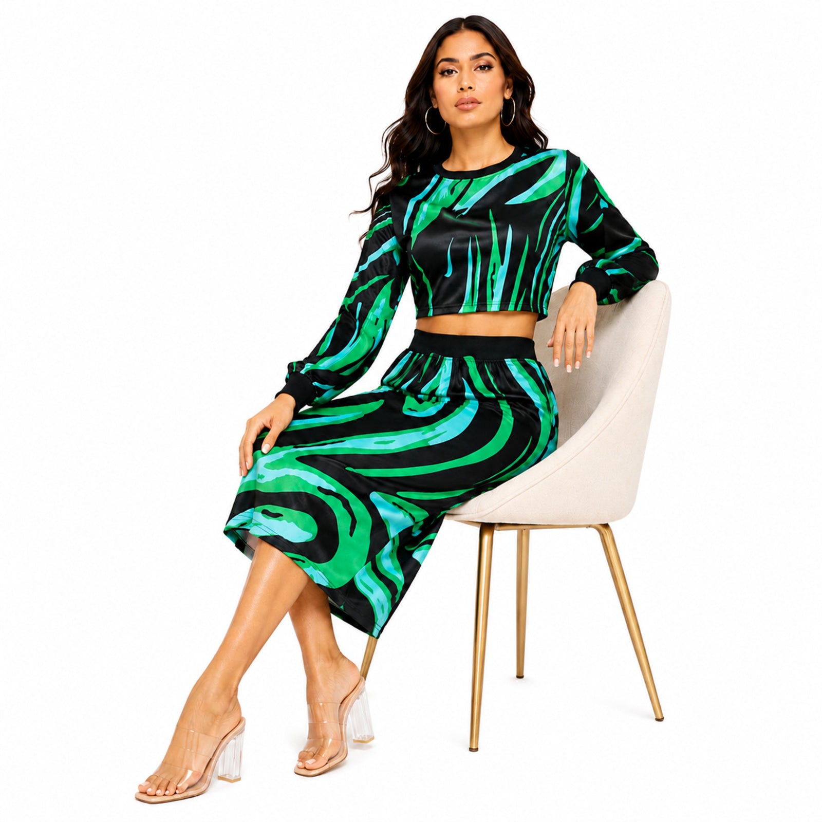Women's Green Abstract Print Long Sleeve Crop Top and Midi Skirt Co-Ord Set | Statement Two-Piece Outfit