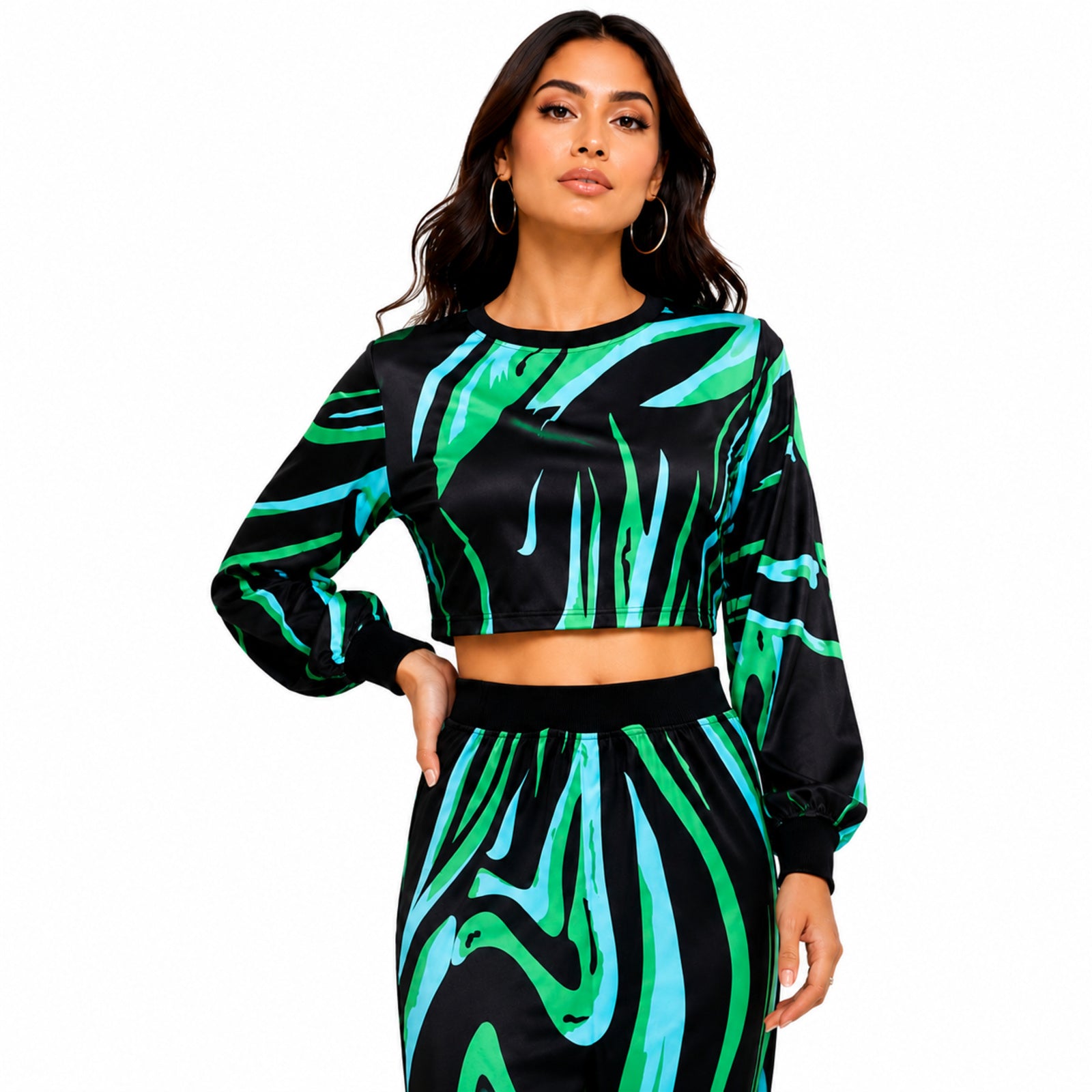 Women's Green Abstract Print Long Sleeve Crop Top and Midi Skirt Co-Ord Set | Statement Two-Piece Outfit