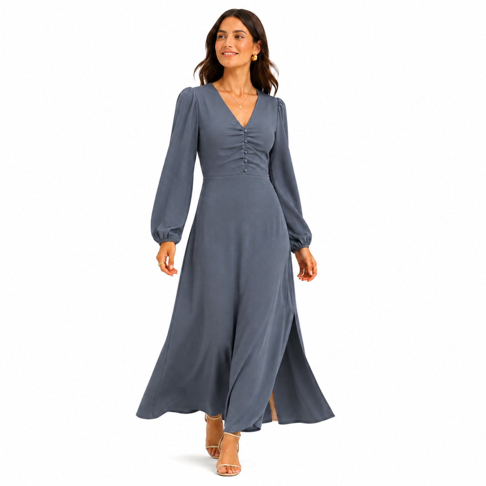 Women's Grey V-Neck Button Detail Long Sleeve Flared Maxi Dress | Elegant Occasion Wear Dress