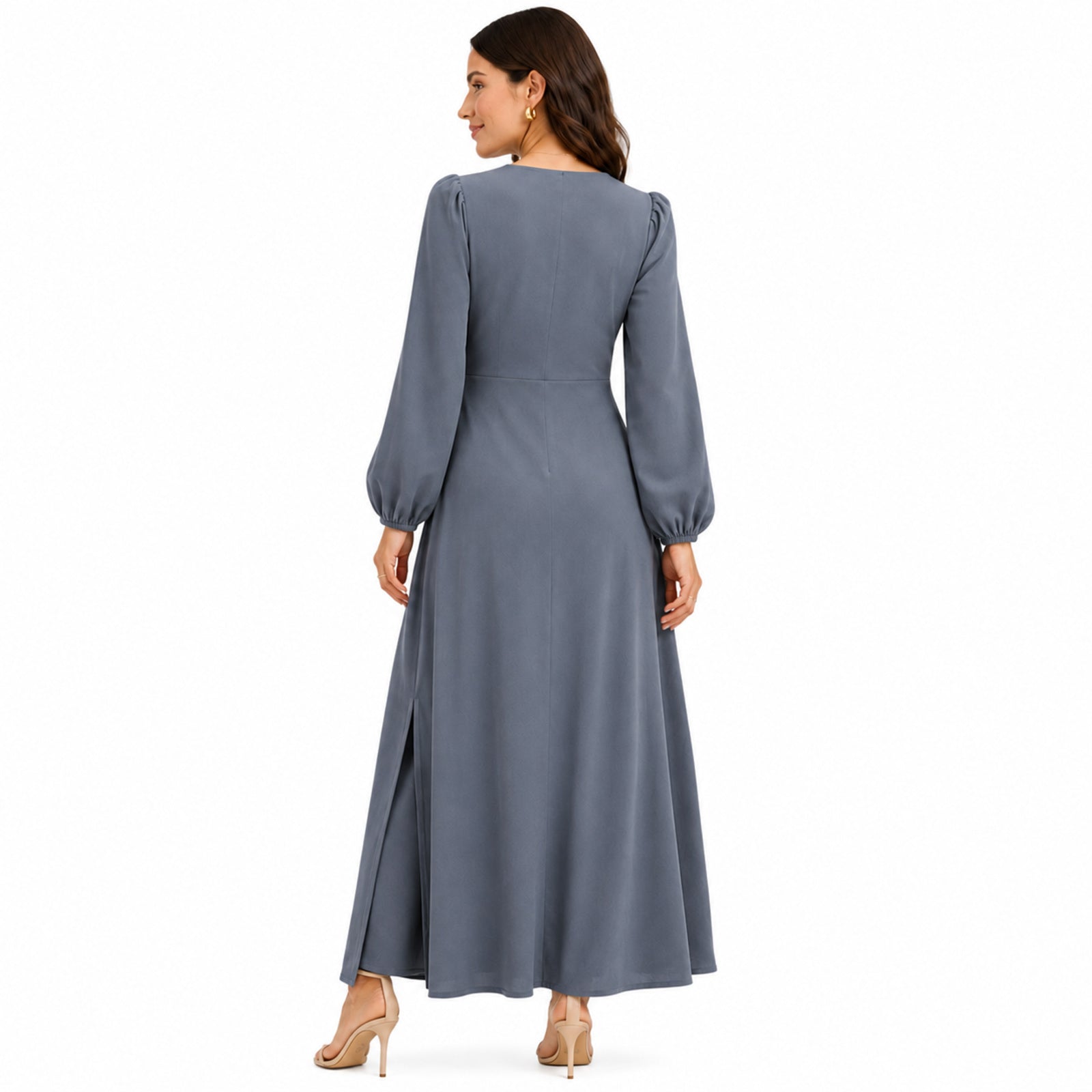 Women's Grey V-Neck Button Detail Long Sleeve Flared Maxi Dress | Elegant Occasion Wear Dress
