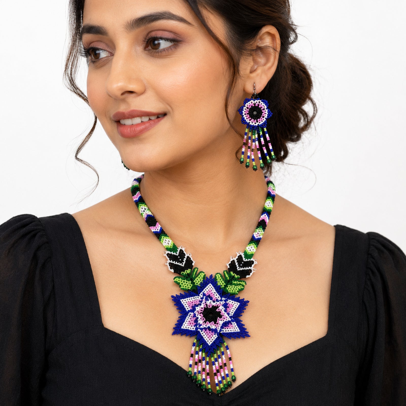 Azure Bloom Handcrafted Beaded Necklace Set