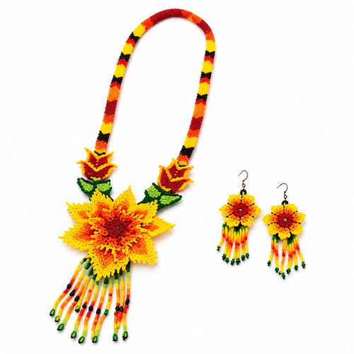 Golden Blossom Handcrafted Floral Beaded Necklace Set