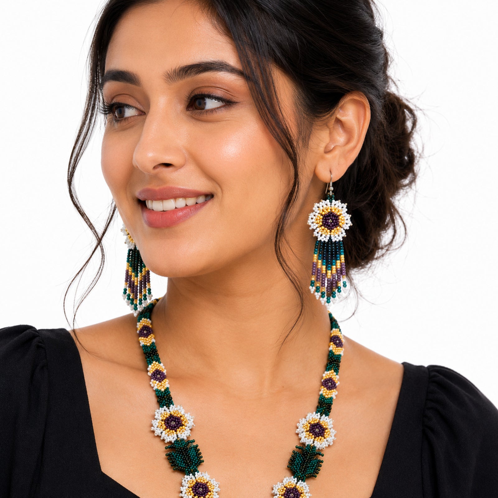 Ivory Bloom Handcrafted Floral Beaded Necklace Set