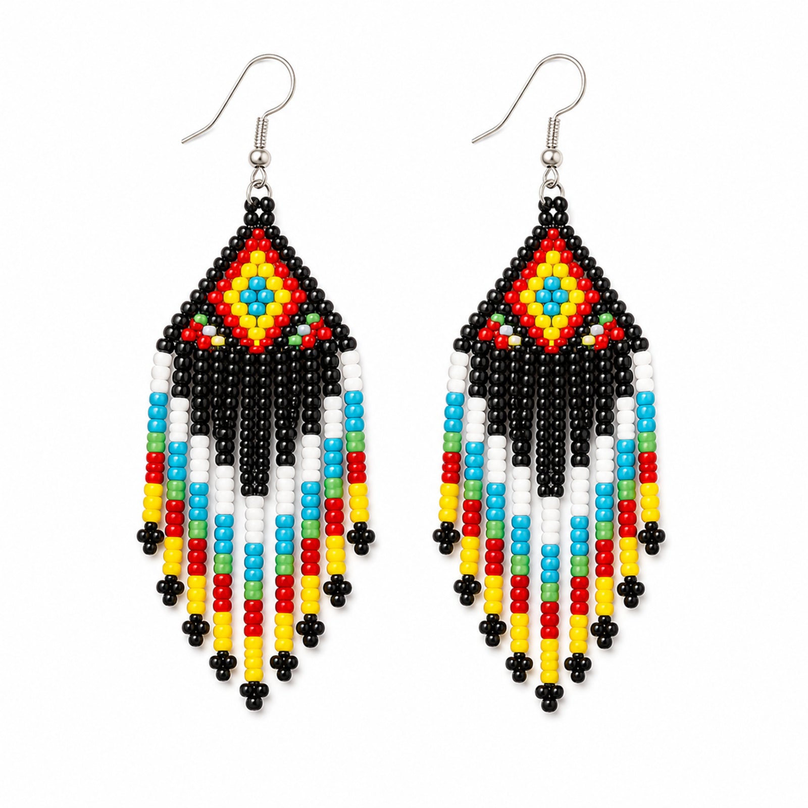 Women's Obsidian Floral Geometric Hand-Beaded Jewelry Set with V-Neck Fringe Necklace and Drop Earrings