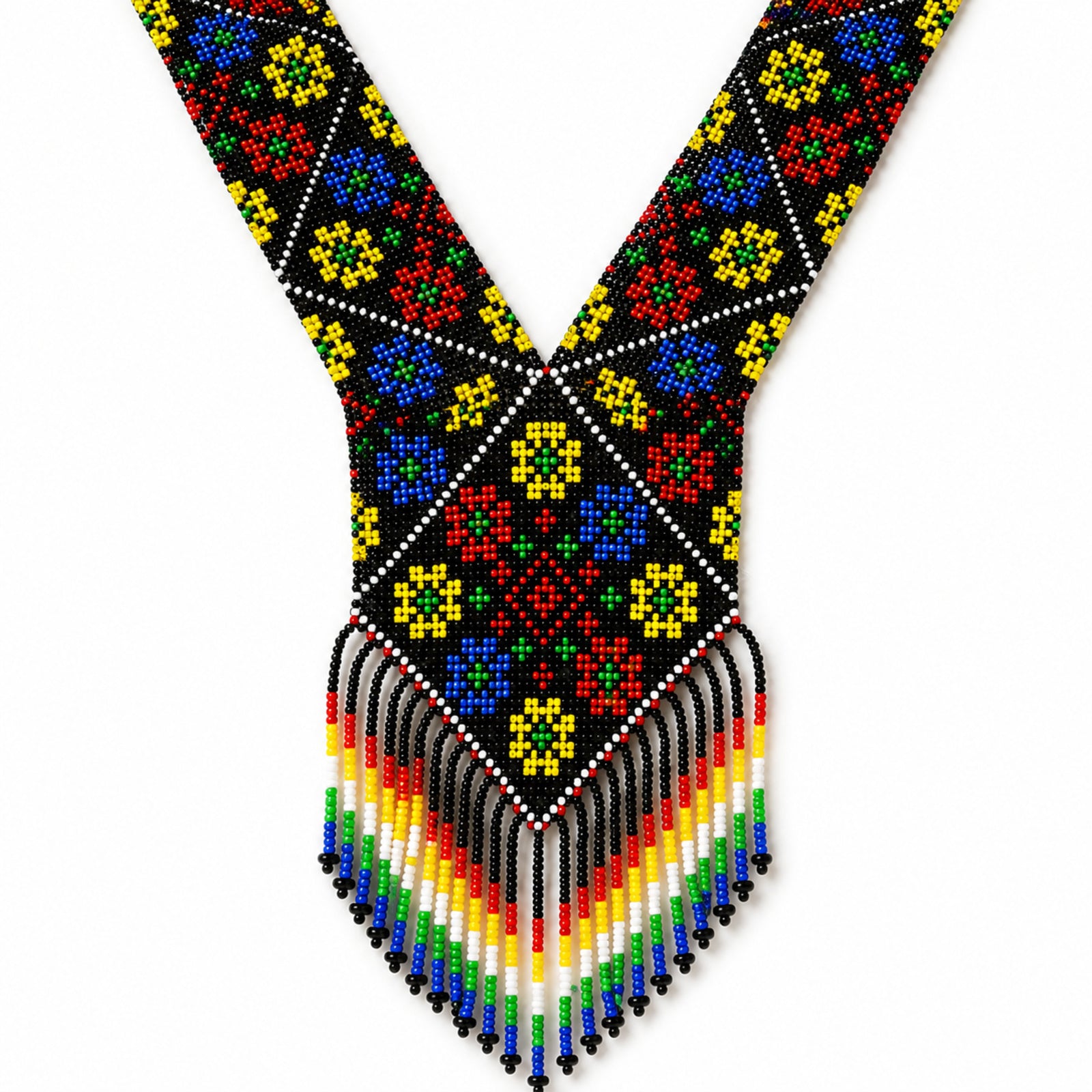 Women's Obsidian Floral Geometric Hand-Beaded Jewelry Set with V-Neck Fringe Necklace and Drop Earrings