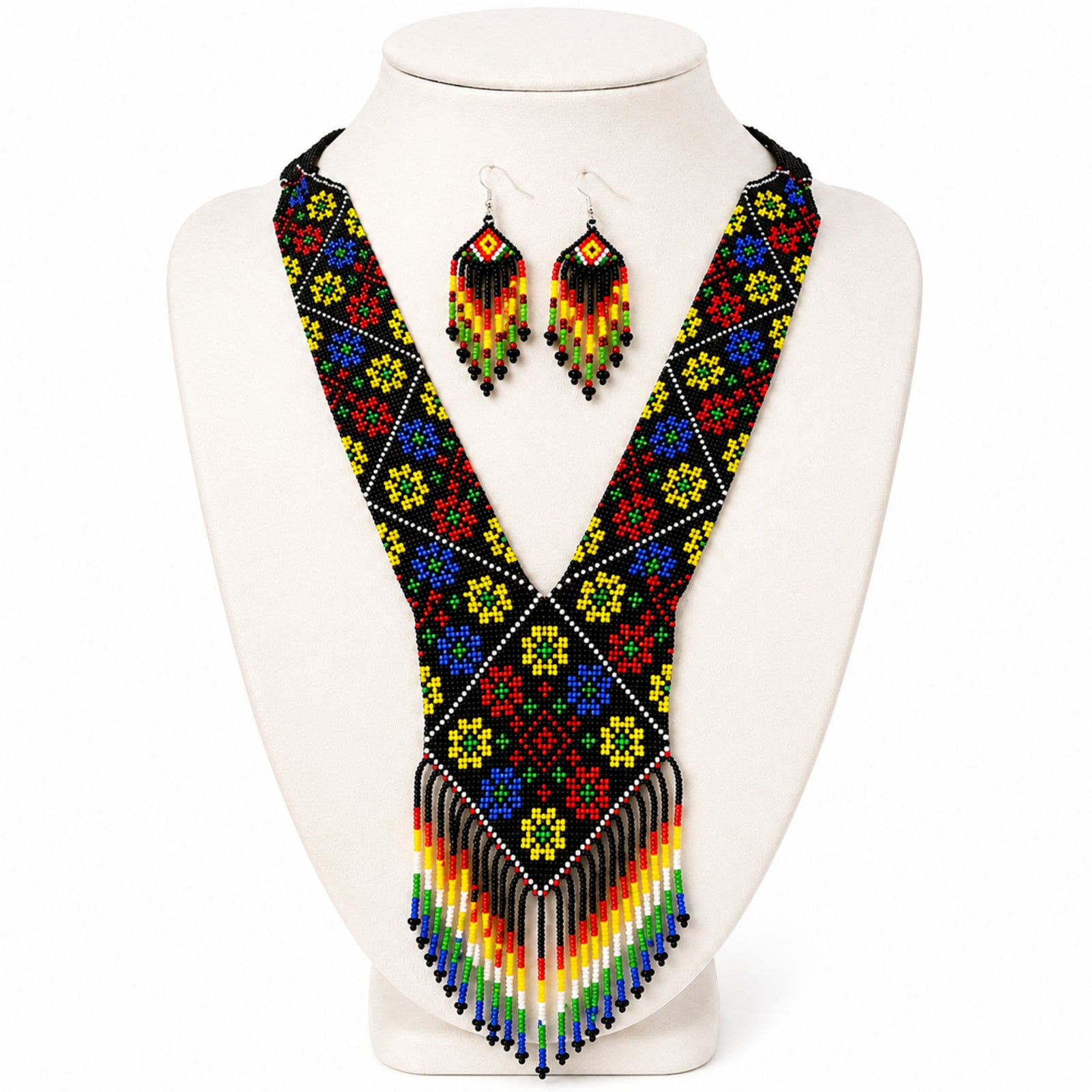 Women's Obsidian Floral Geometric Hand-Beaded Jewelry Set with V-Neck Fringe Necklace and Drop Earrings
