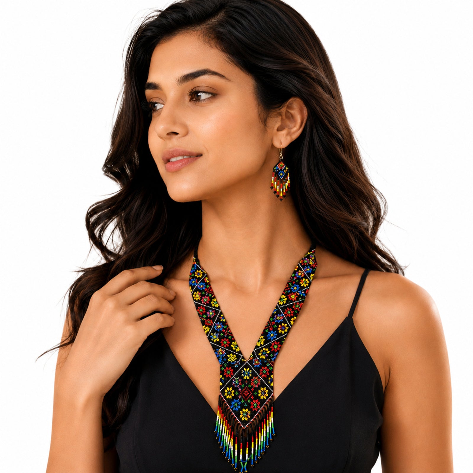 Women's Obsidian Floral Geometric Hand-Beaded Jewelry Set with V-Neck Fringe Necklace and Drop Earrings