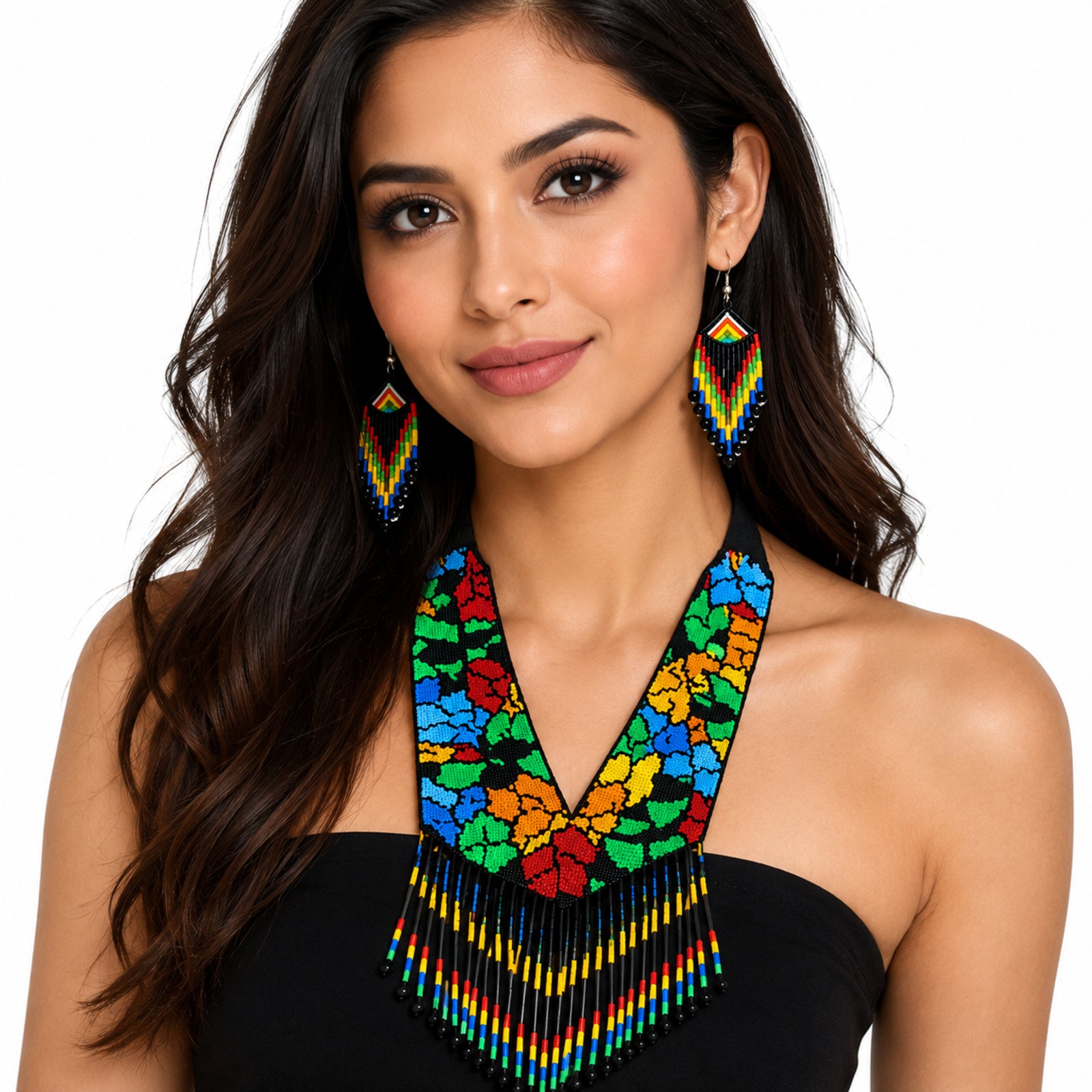 Handcrafted Red Rose Motif Beaded Statement Necklace and Earrings Set