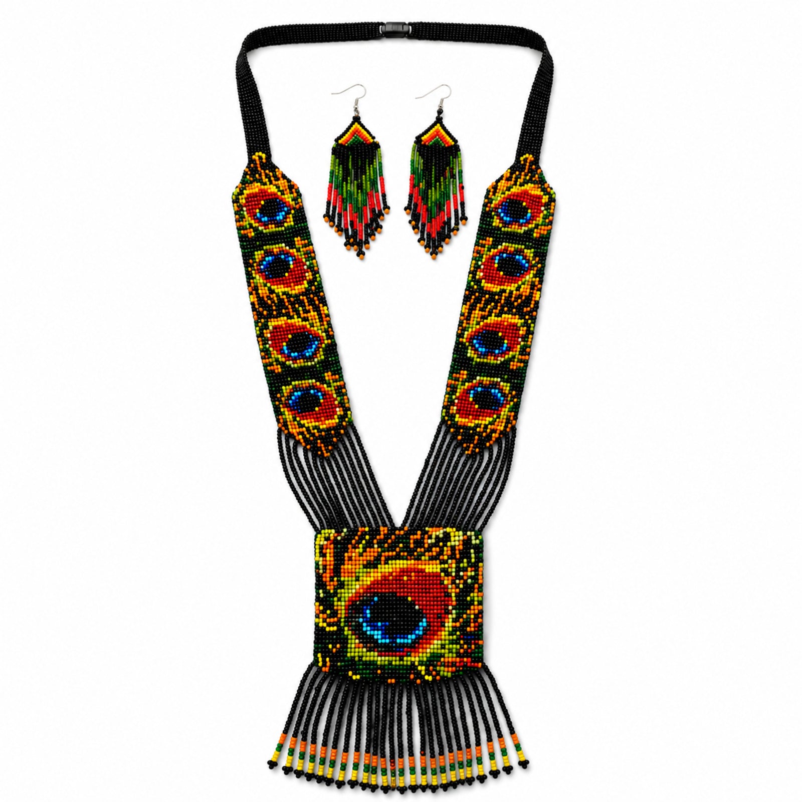 Handcrafted Peacock Motif Beaded Necklace and Earrings Set