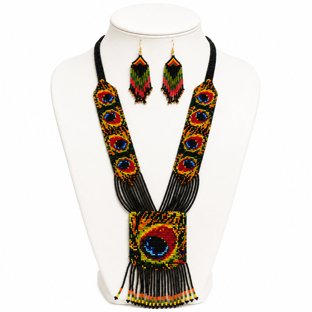 Handcrafted Peacock Motif Beaded Necklace and Earrings Set