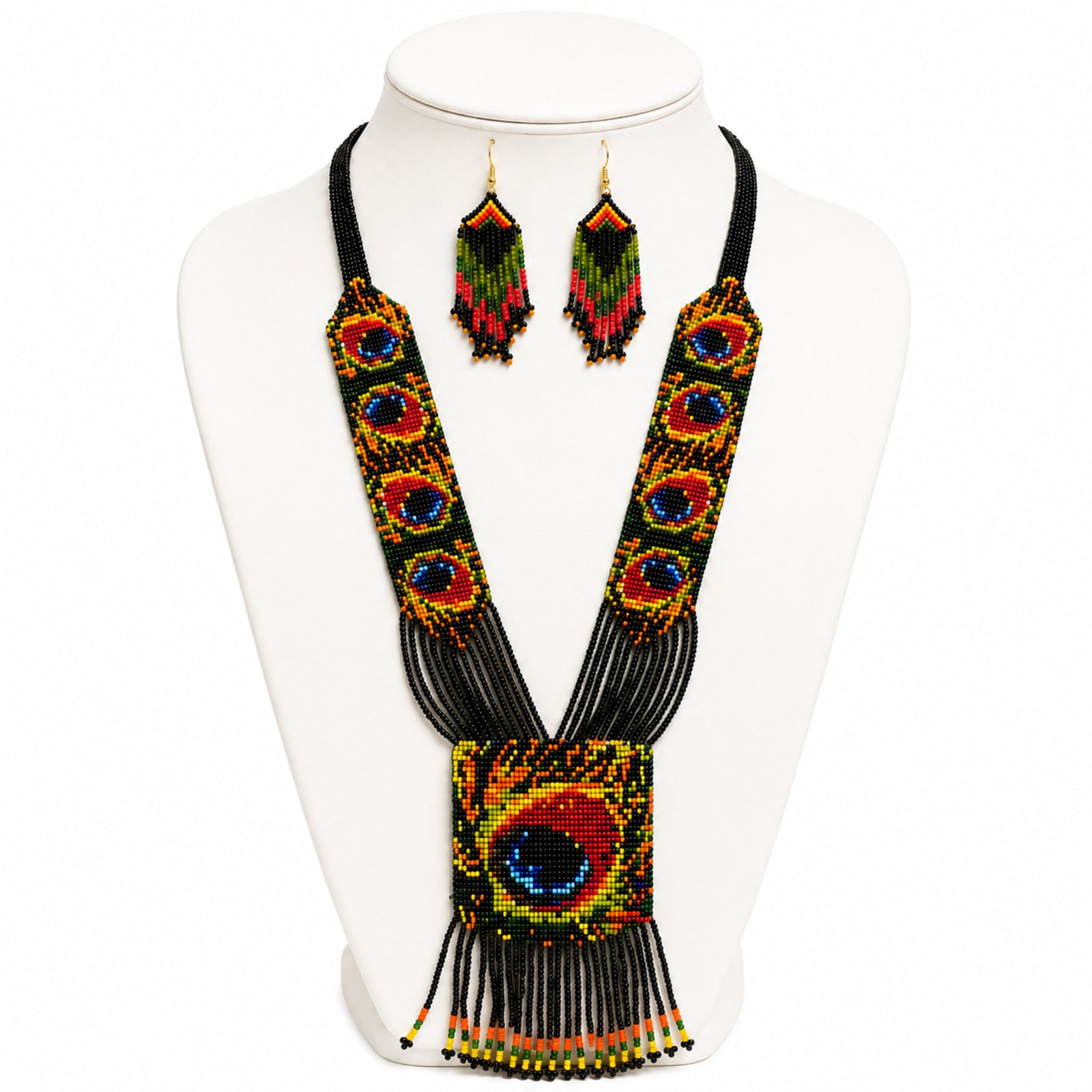 Handcrafted Peacock Motif Beaded Necklace and Earrings Set