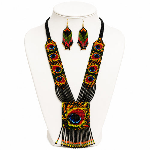 Handcrafted Peacock Motif Beaded Necklace and Earrings Set