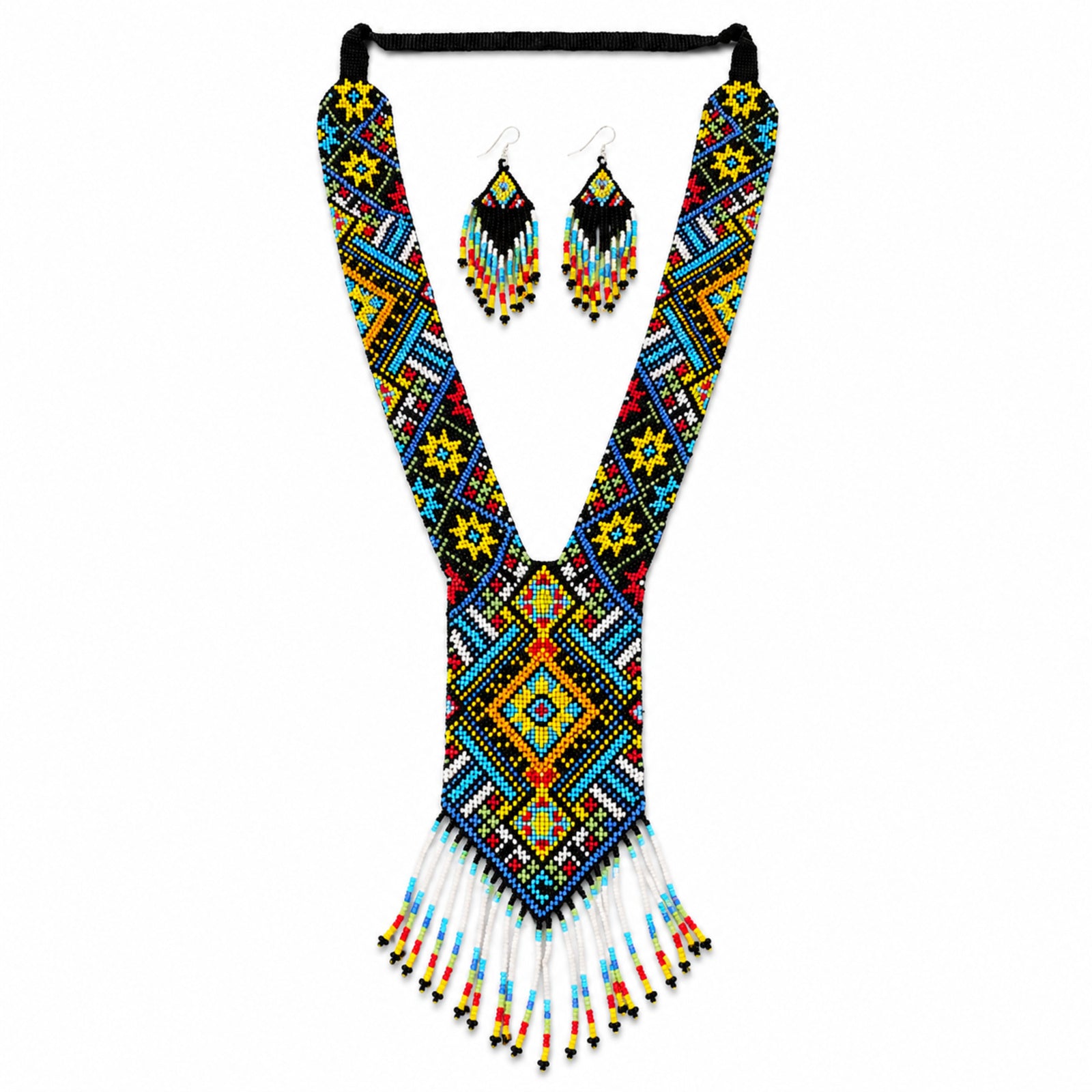 Women's Azure Horizon Geometric Hand-Beaded Jewelry Set with Fringe Necklace and Drop Earrings