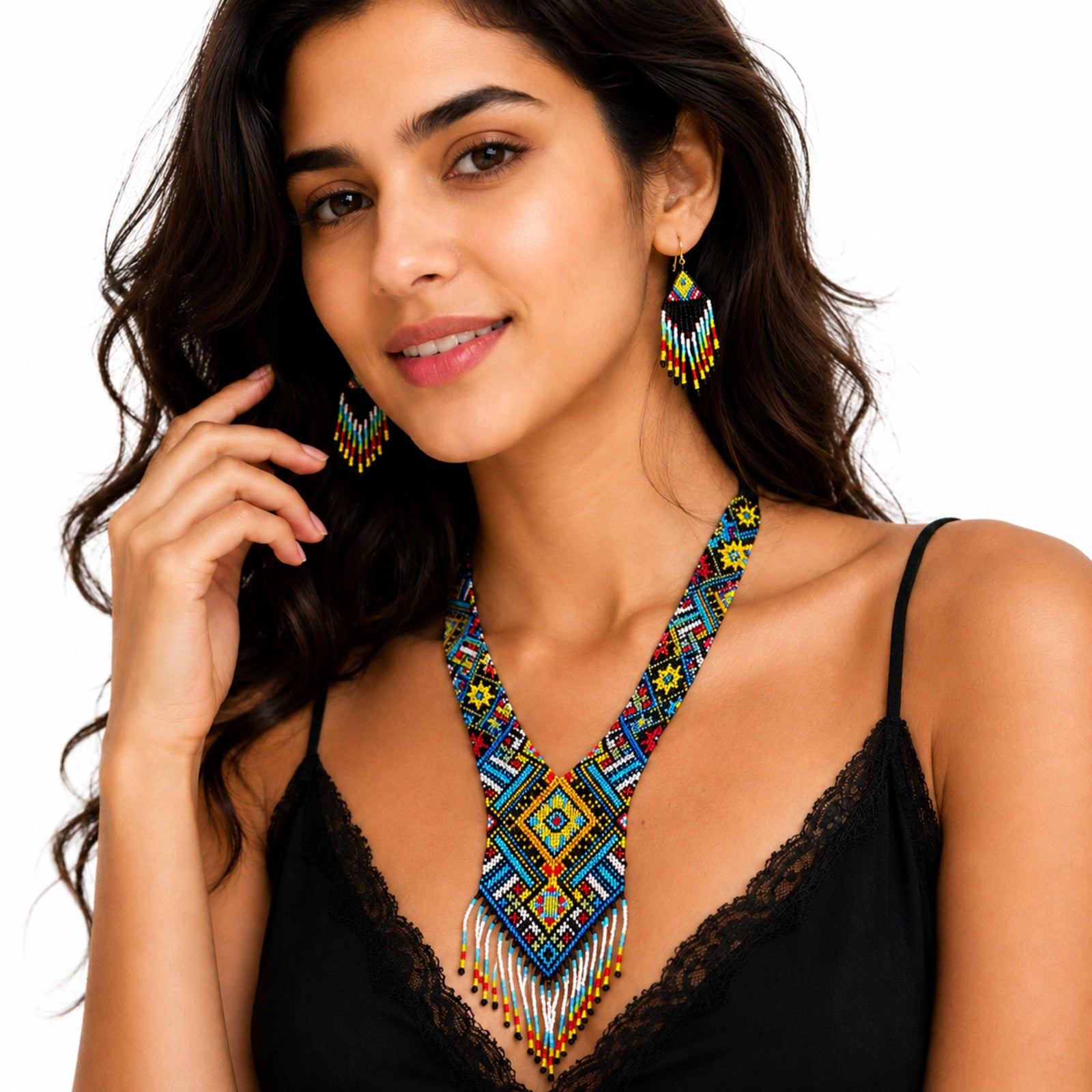 Women's Azure Horizon Geometric Hand-Beaded Jewelry Set with Fringe Necklace and Drop Earrings