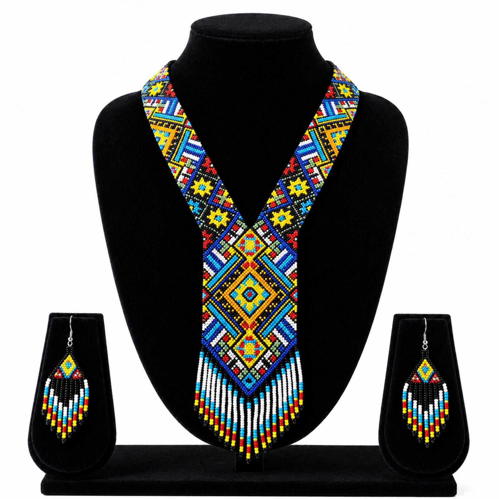 Women's Azure Horizon Geometric Hand-Beaded Jewelry Set with Fringe Necklace and Drop Earrings