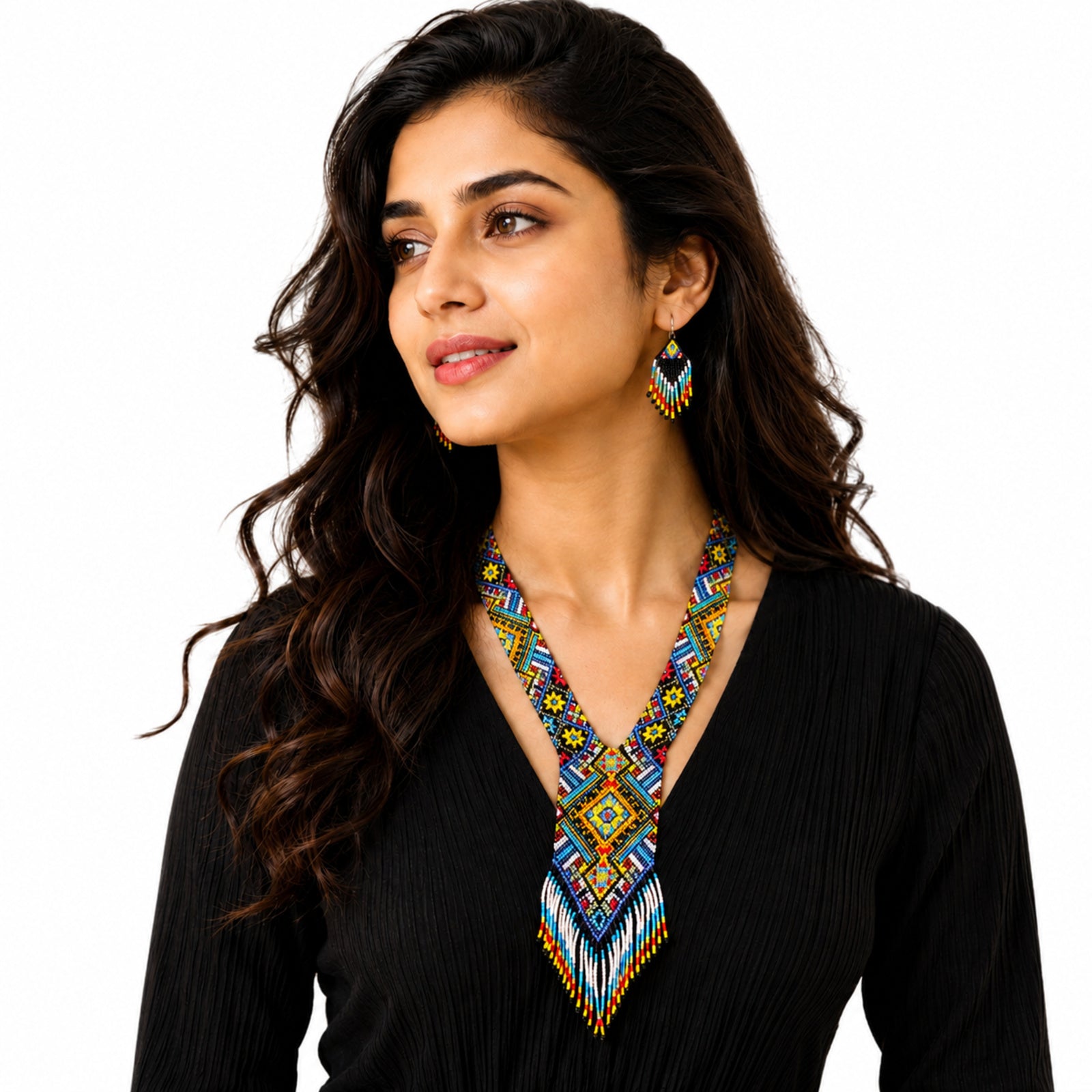 Women's Azure Horizon Geometric Hand-Beaded Jewelry Set with Fringe Necklace and Drop Earrings
