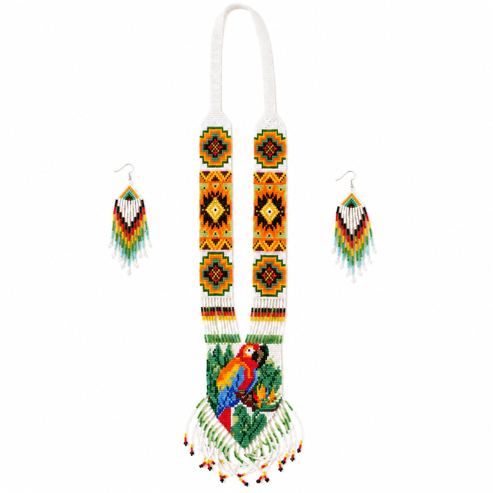 Women's White Handcrafted Beaded Necklace & Earring Set