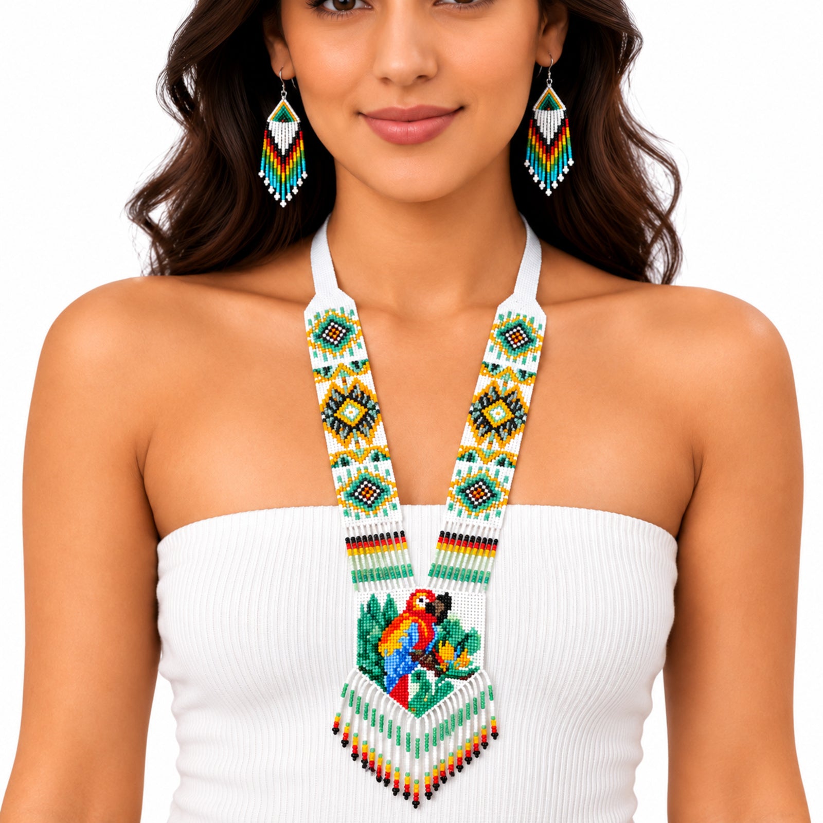 Women's White Handcrafted Beaded Necklace & Earring Set