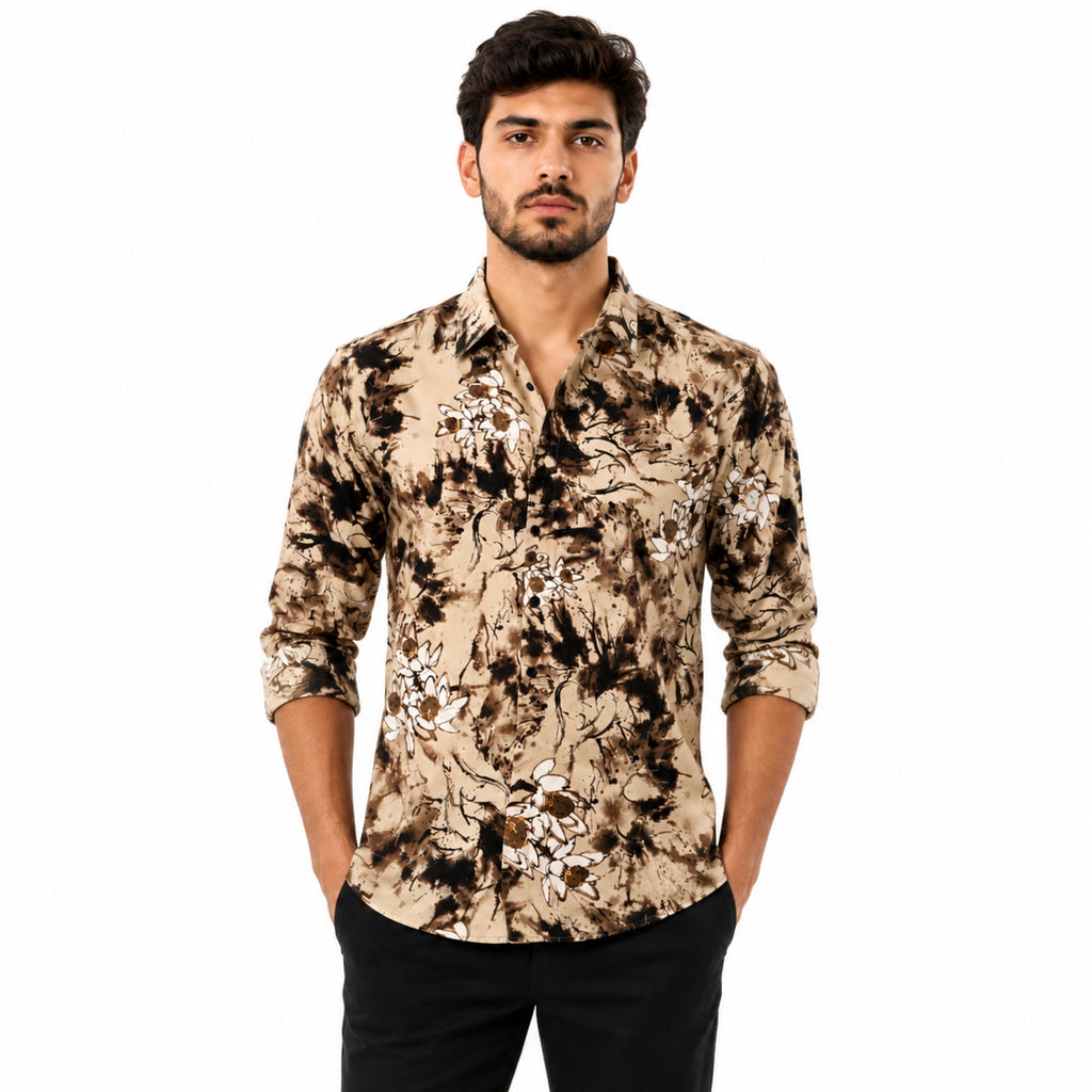 Men's Beige Abstract Floral Print Casual Shirt