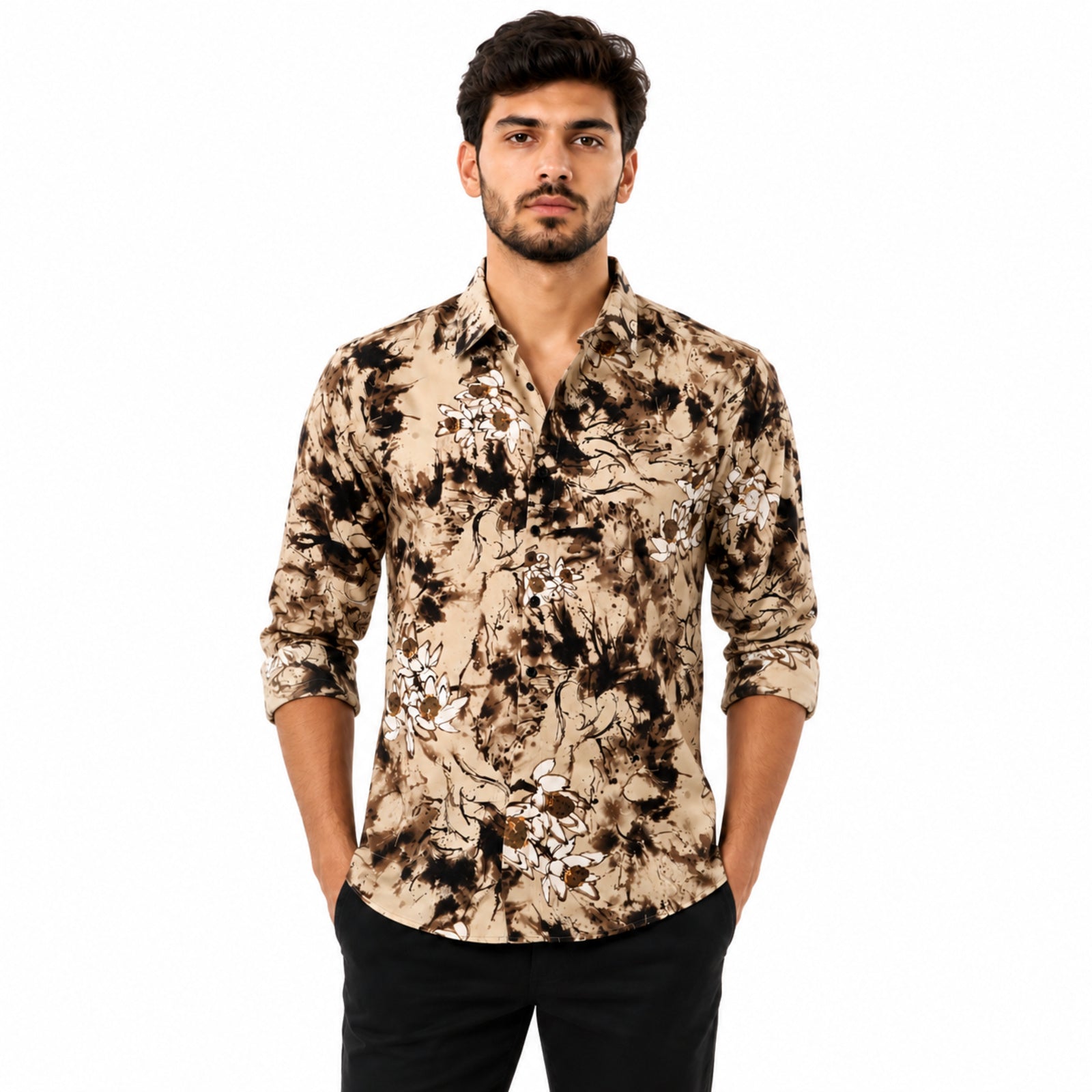Men's Beige Abstract Floral Print Casual Shirt