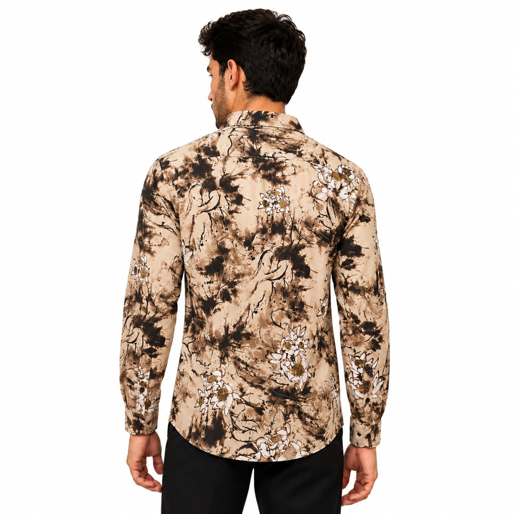 Men's Beige Abstract Floral Print Casual Shirt