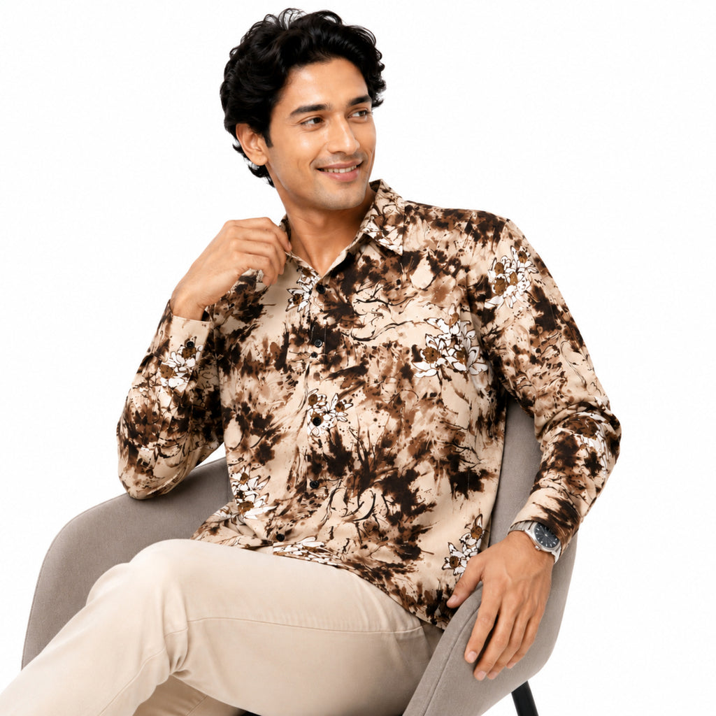 Men's Beige Abstract Floral Print Casual Shirt