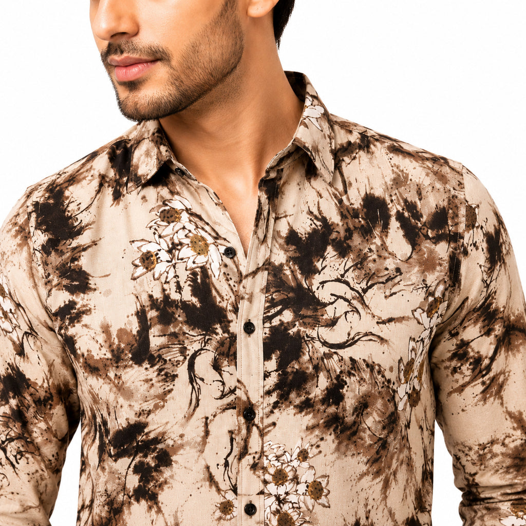 Men's Beige Abstract Floral Print Casual Shirt