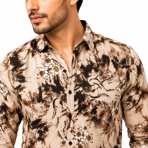 Men's Beige Abstract Floral Print Casual Shirt