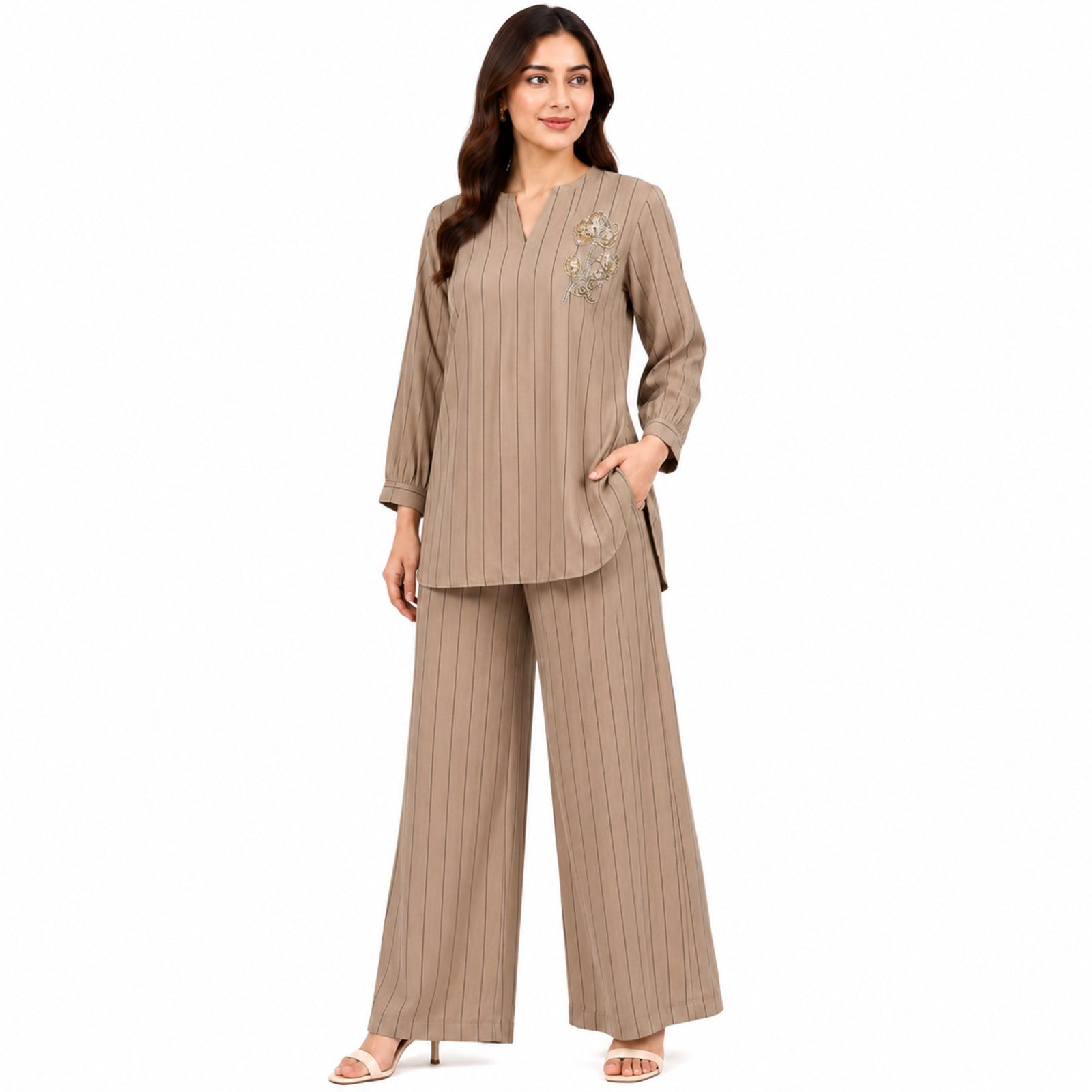 Women's Embroidered Striped Kurta Pant Co-Ord Set | Elegant V-Neck Ethnic Wear Set with Wide Leg Pants – Golden