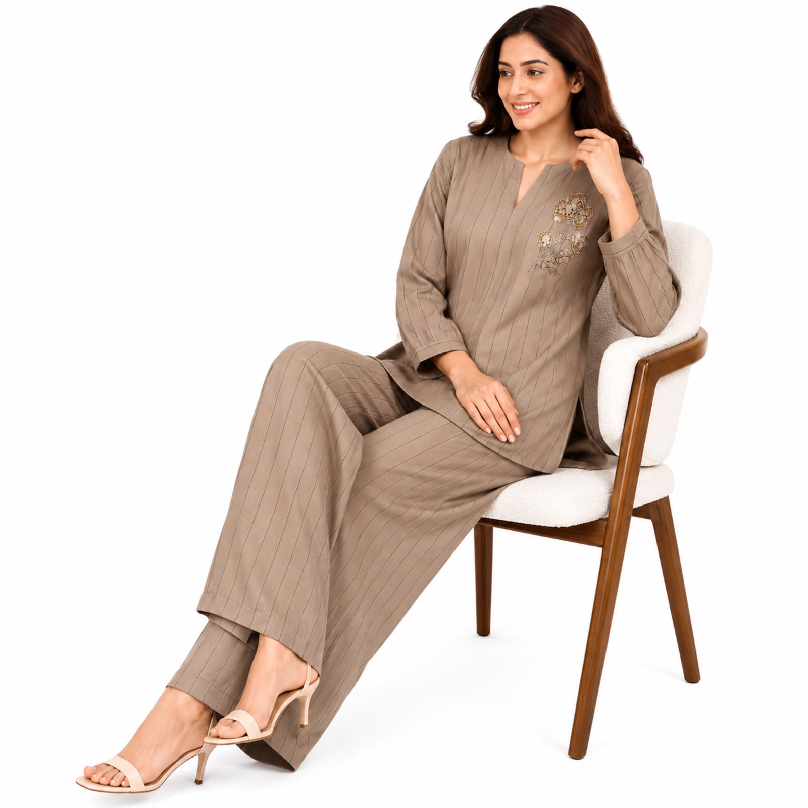 Women's Embroidered Striped Kurta Pant Co-Ord Set | Elegant V-Neck Ethnic Wear Set with Wide Leg Pants – Golden