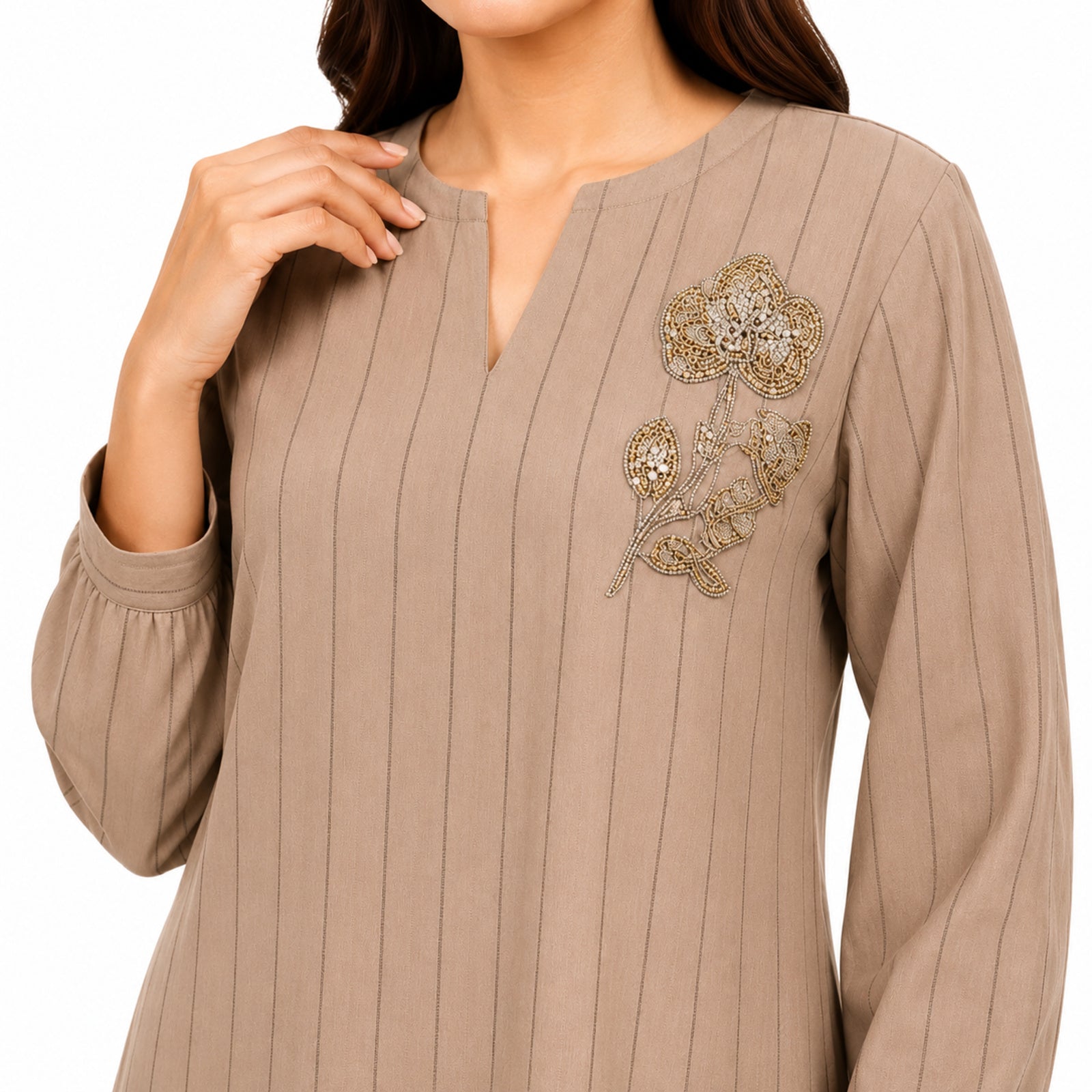 Women's Embroidered Striped Kurta Pant Co-Ord Set | Elegant V-Neck Ethnic Wear Set with Wide Leg Pants – Golden
