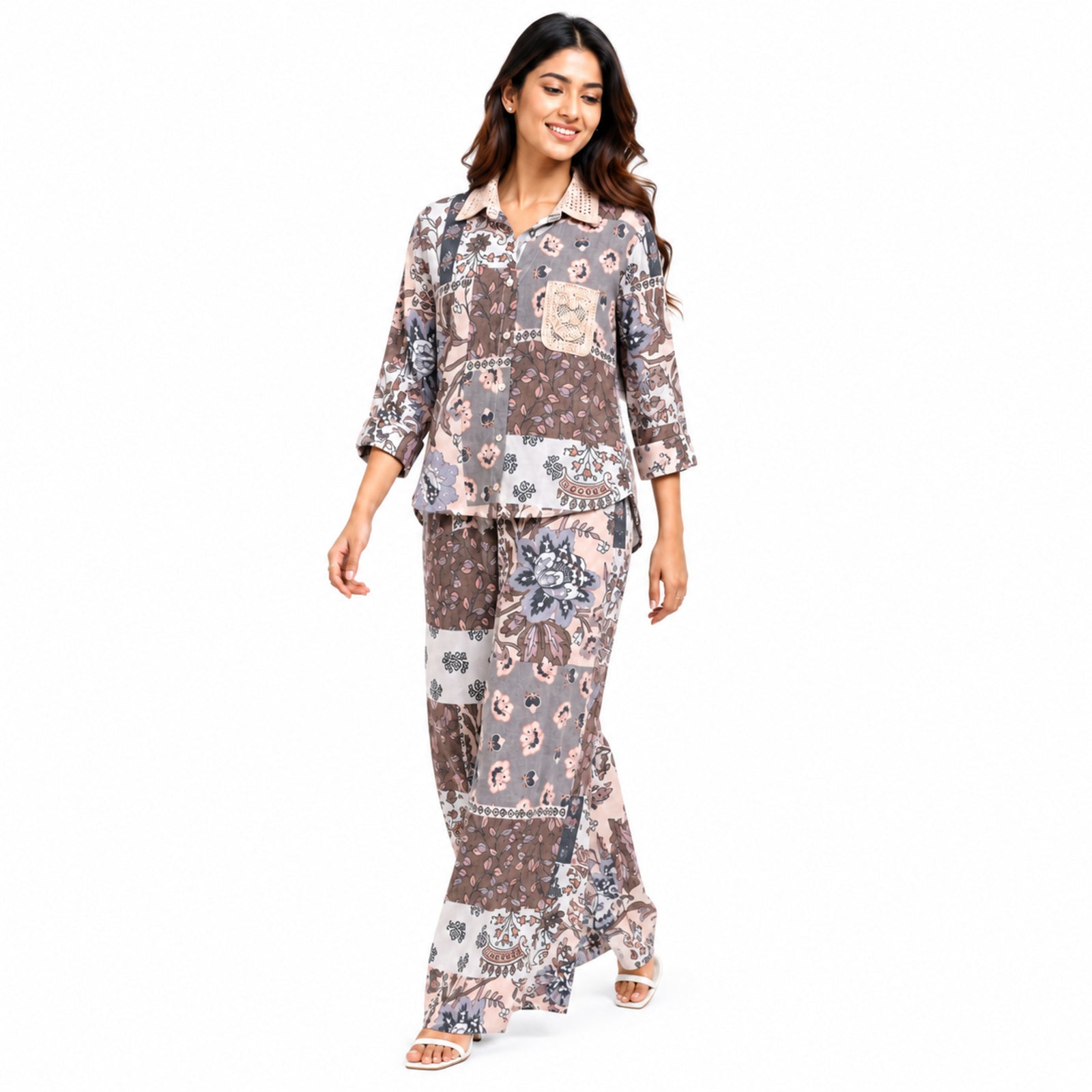 Girls Grey Floral Printed Shirt & Pink Trouser Co-ord Set