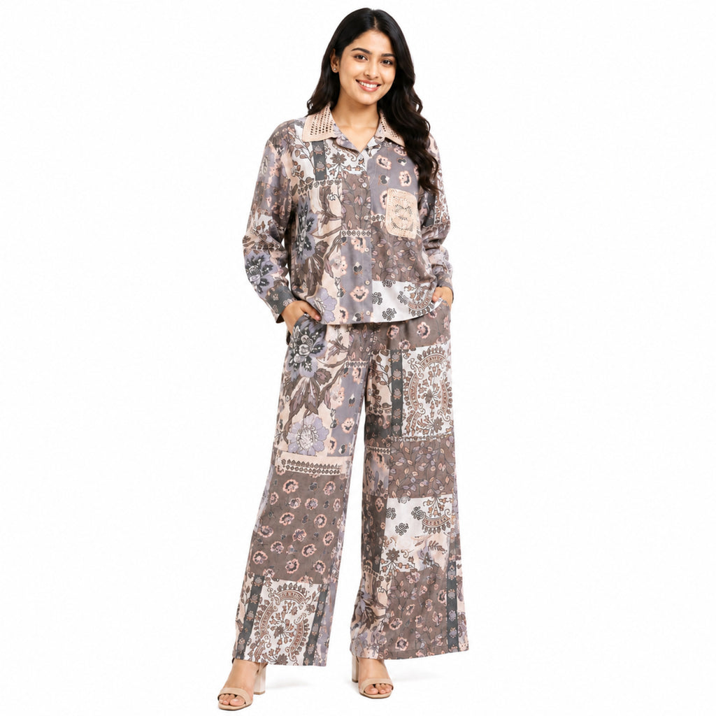 Girls Grey Floral Printed Shirt & Pink Trouser Co-ord Set