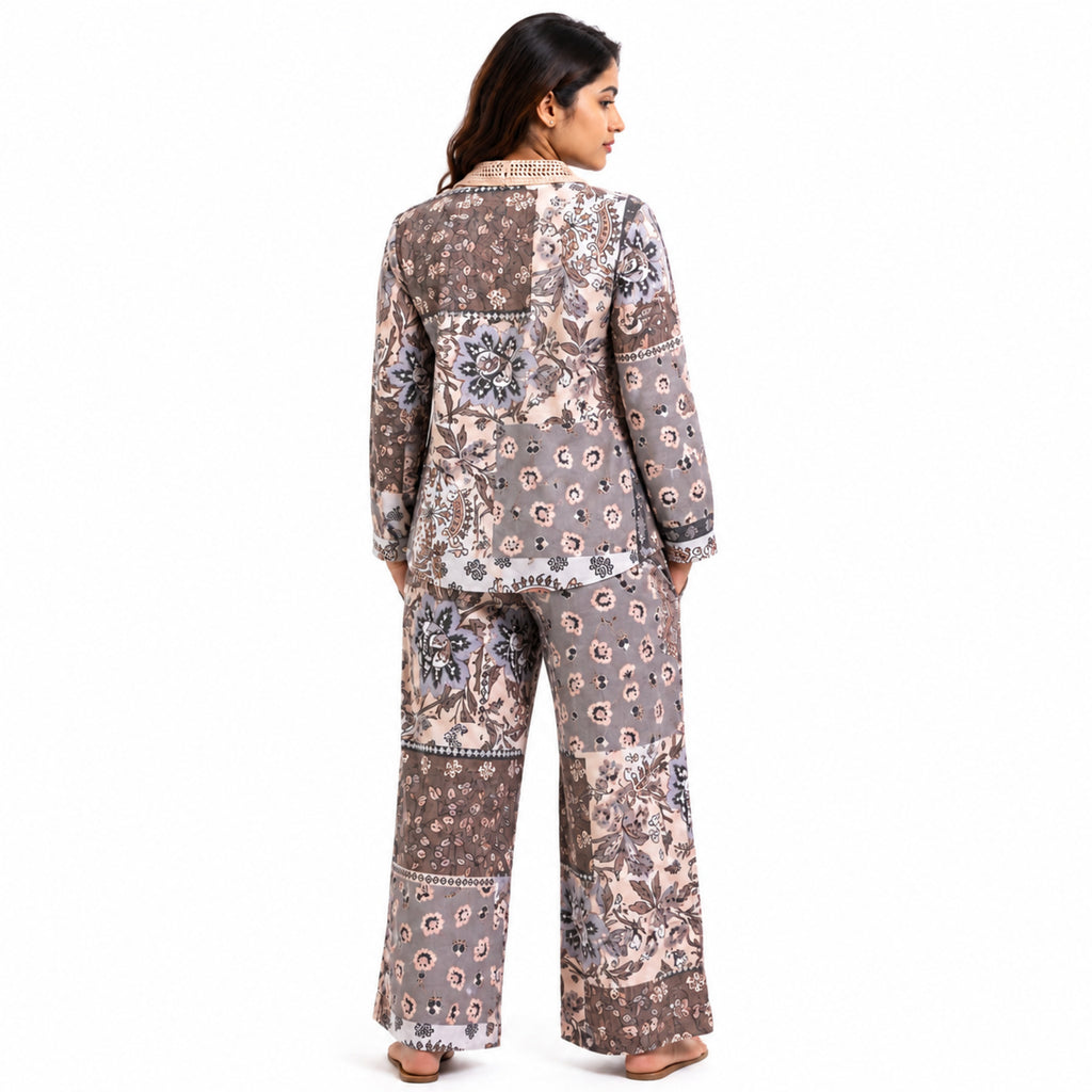 Girls Grey Floral Printed Shirt & Pink Trouser Co-ord Set