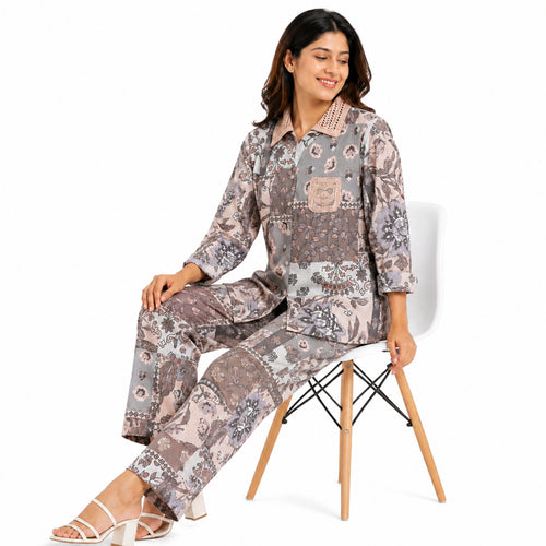 Girls Grey Floral Printed Shirt & Pink Trouser Co-ord Set