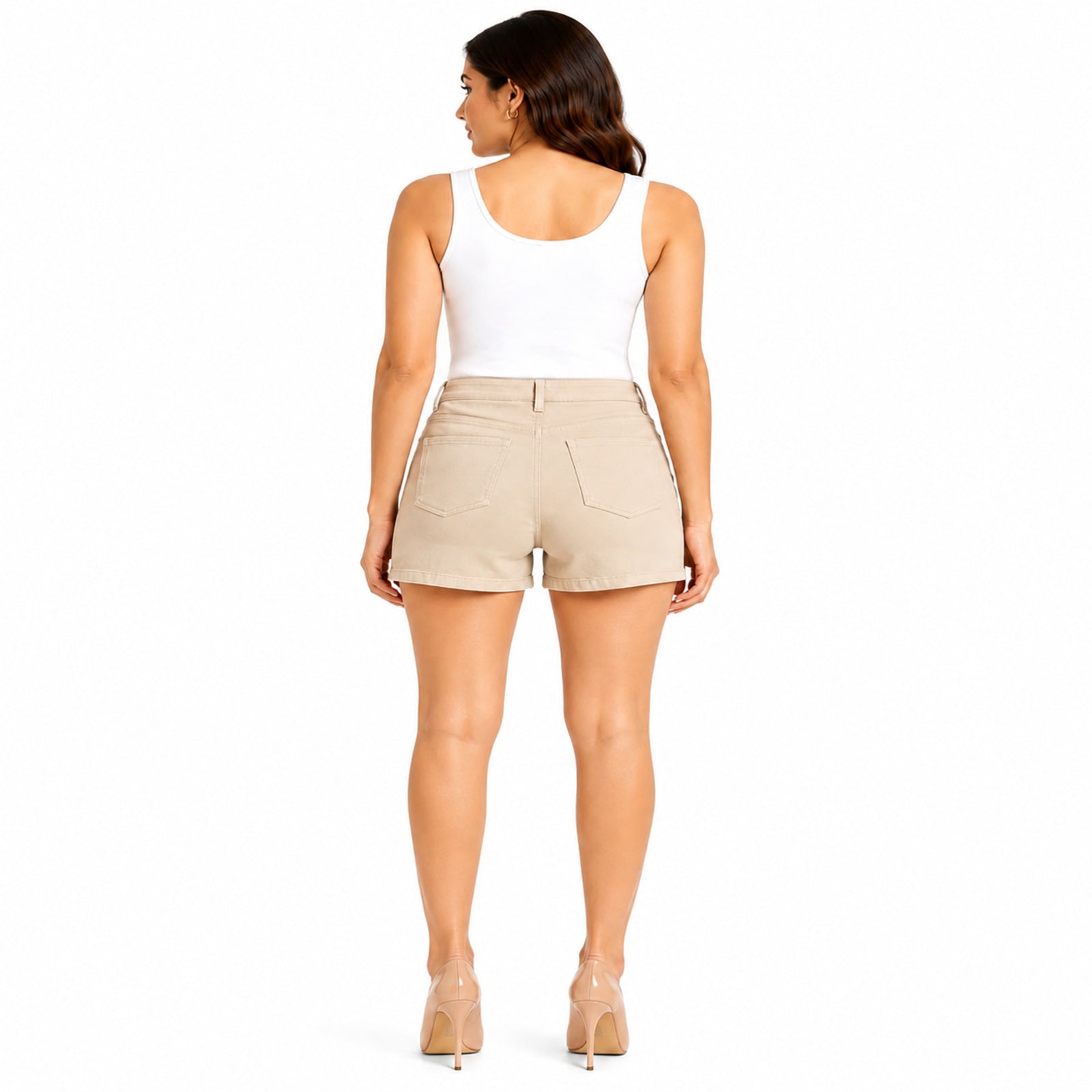 Women's Beige High-Rise Casual Shorts with Pocket Design