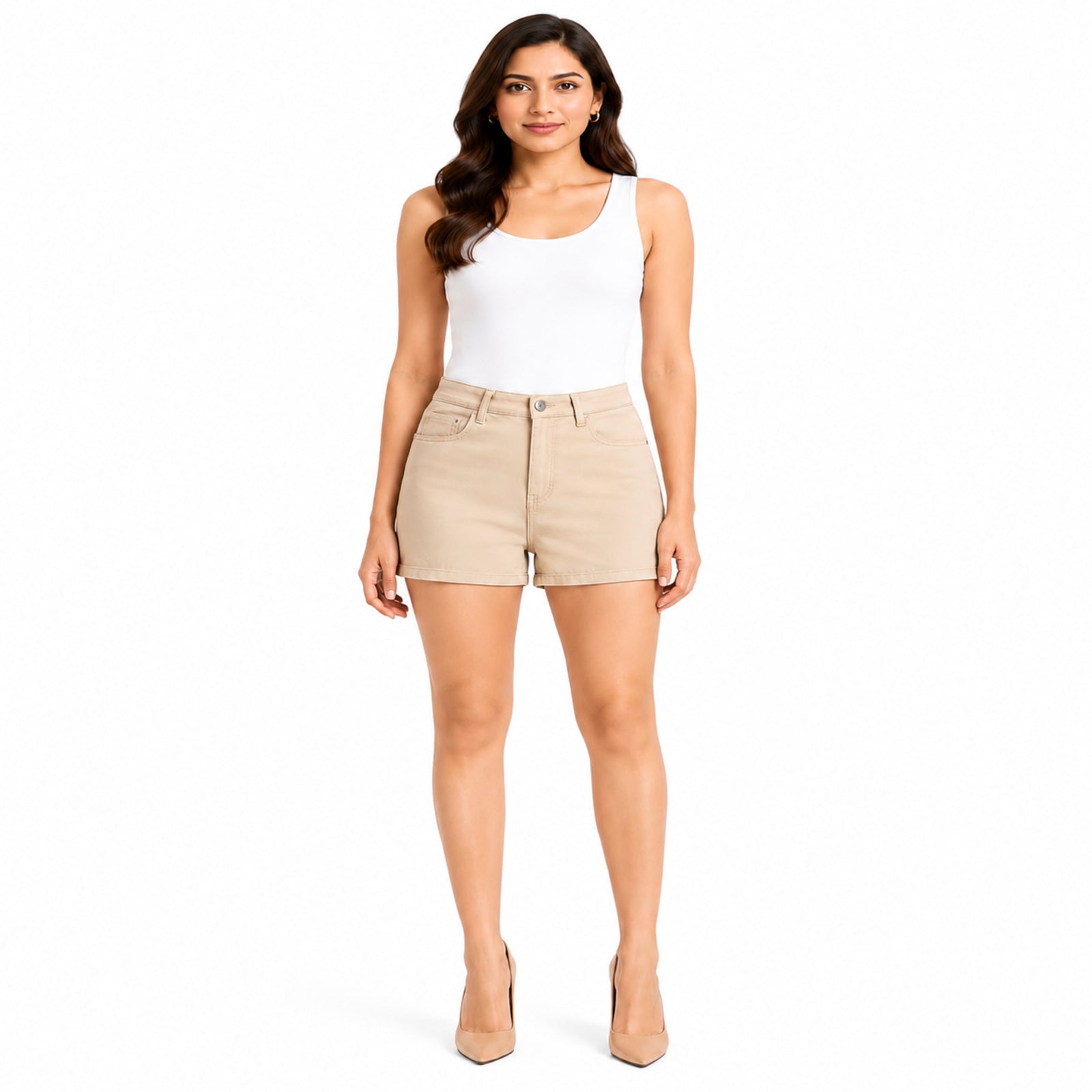 Women's Beige High-Rise Casual Shorts with Pocket Design