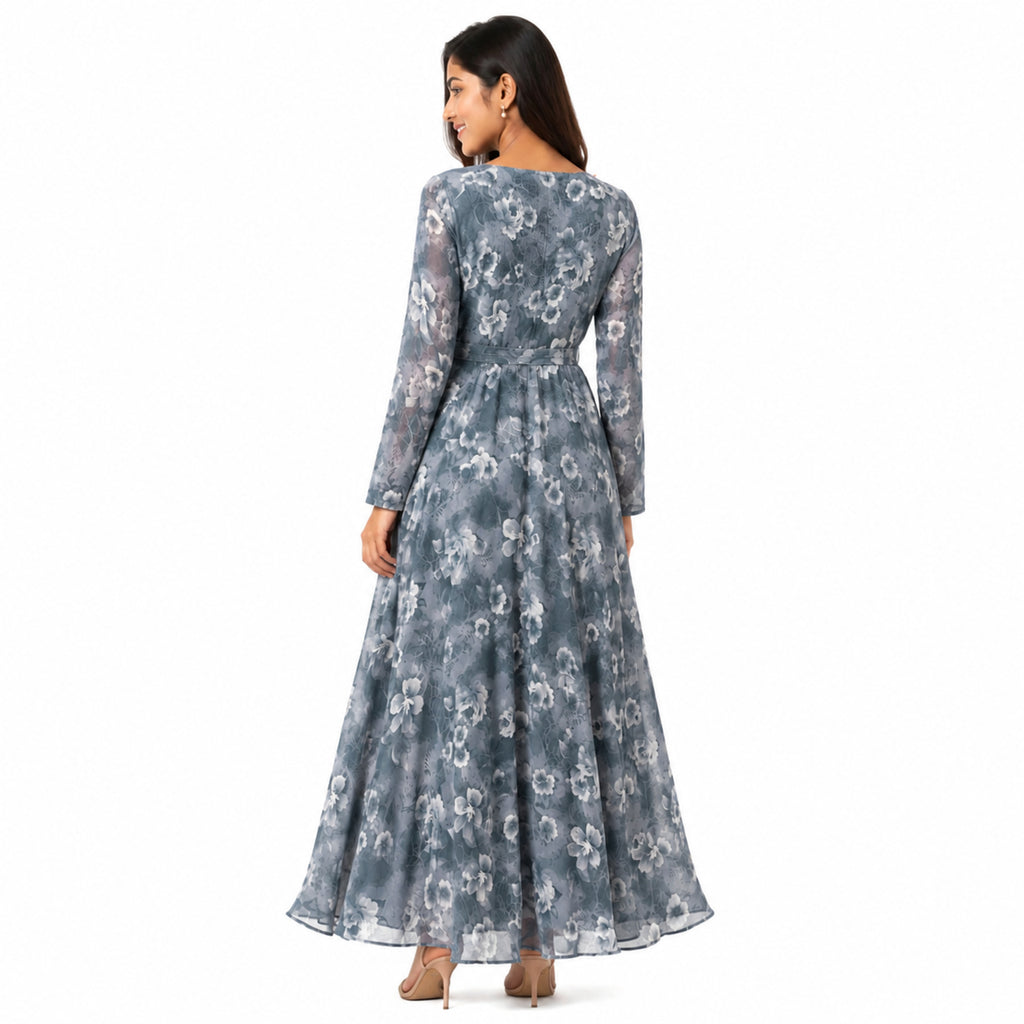 Women's Light Blue Floral Belted Maxi Dress with Sheer Sleeves