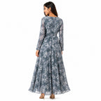 Women's Light Blue Floral Belted Maxi Dress with Sheer Sleeves