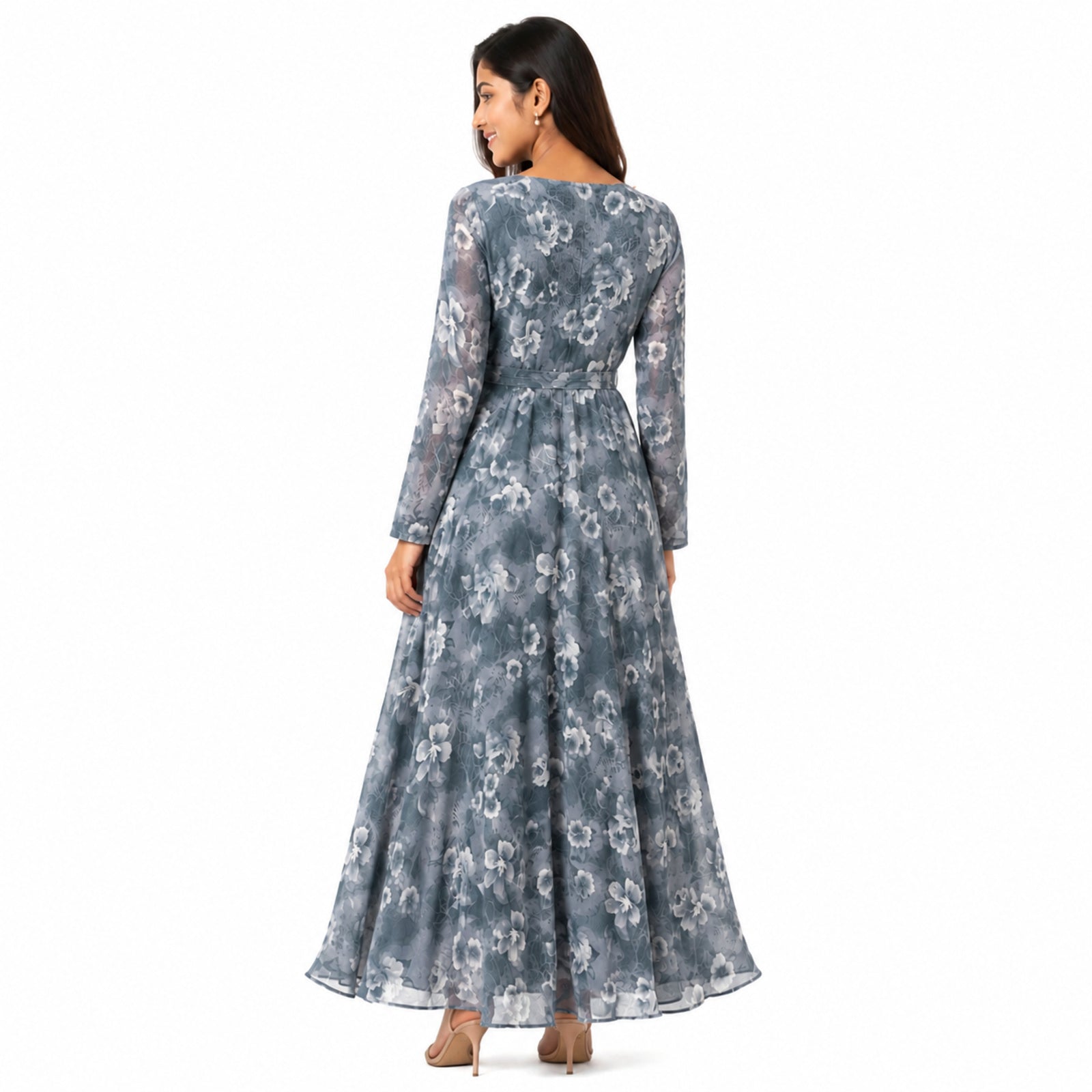 Women's Light Blue Floral Belted Maxi Dress with Sheer Sleeves