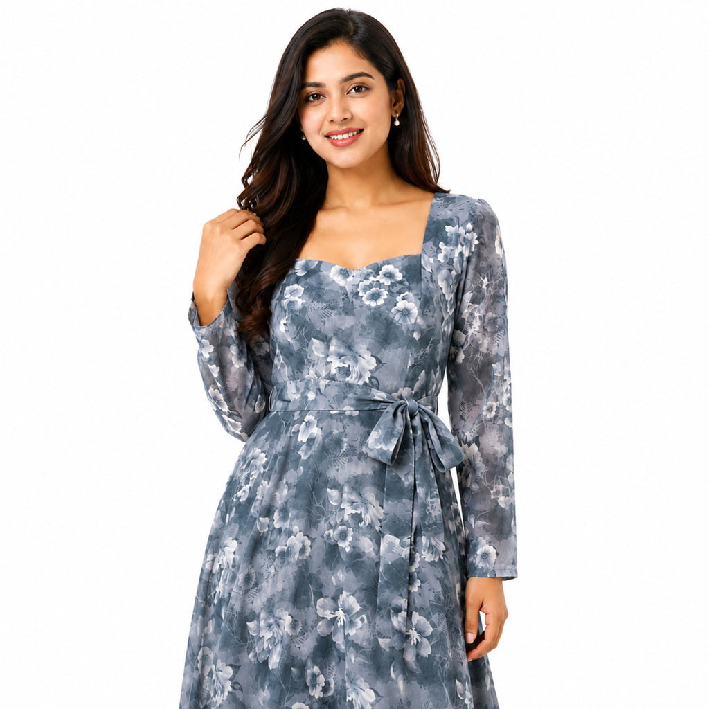 Women's Light Blue Floral Belted Maxi Dress with Sheer Sleeves