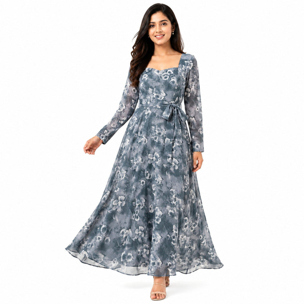 Women's Light Blue Floral Belted Maxi Dress with Sheer Sleeves